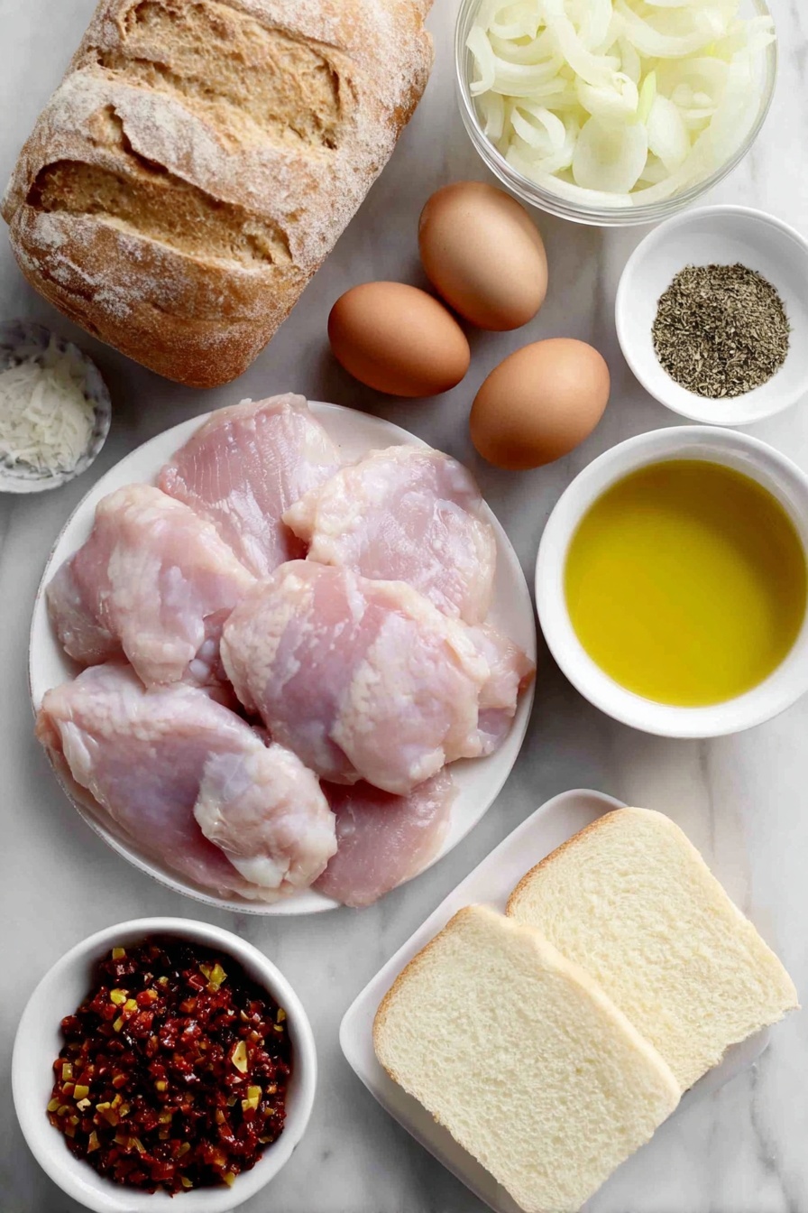 Flat lay of boneless skinless chicken thighs with smooth pale pink flesh, a few whole uncracked brown eggs with clean shells, a small mound of kosher salt crystals, a small pile of freshly ground black peppercorns, a few sprigs of dried italian seasoning herbs, a small mound of garlic powder, a small mound of onion powder, a few thin slices of yellow onion with natural translucency, a small white ceramic bowl of extra-virgin olive oil with golden-green color, a small white ceramic bowl of low-sodium chicken broth with pale yellow tint, a handful of bright green pepperoncini slices beside a small white ceramic bowl of their light greenish brine, a small heap of colorful chopped giardiniera vegetables showing red, yellow, green, and orange peppers, several hoagie buns split open showing soft golden interior, a few slices of creamy provolone cheese with smooth texture arranged neatly on simple white ceramic plates, all arranged symmetrically and proportionally, placed on a clean white marble surface, soft natural light, photo taken with an iPhone, professional food photography style, fresh ingredients, white ceramic bowls, no bottles, no duplicates, no utensils, no packaging --ar 2:3 --v 7 --p m7354615311229779997 - Slow Cooker Italian Chicken Sandwiches, Italian chicken sandwiches, easy slow cooker chicken recipes, flavorful chicken sandwiches, summer dinner ideas