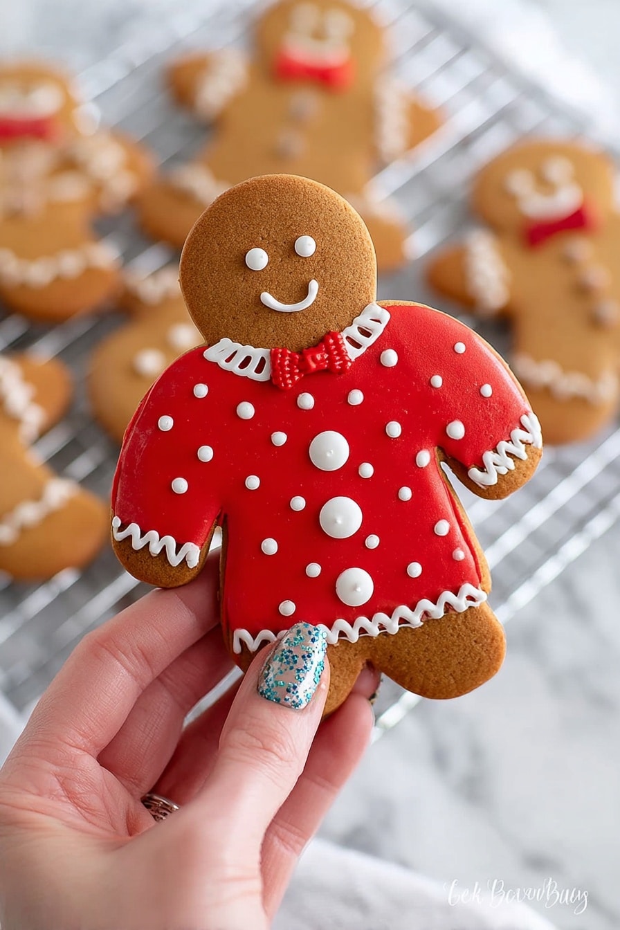 A close-up view of a gingerbread cookie shaped like a person being held by a woman's hand with painted nails showing beige, blue, and black designs. The cookie has a smooth, light brown texture and is decorated with a bright red icing sweater that has white dots all over and white zigzag lines on the edges. In the center of the sweater is a small gingerbread figure with white buttons and a red bow tie, smiling with black icing eyes and mouth. In the background, slightly blurred, are more gingerbread cookies on a white wire rack, and the whole scene is set on a white marbled surface photo taken with an iphone --ar 2:3 --v 7 - Gluten Free Gingerbread Men, gluten free holiday cookies, dairy free gingerbread cookies, spiced gingerbread men recipe, festive gluten free treats