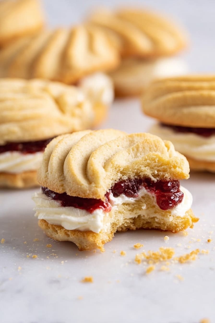 The image shows a close-up of a cream-filled cookie with three layers: a soft golden beige top cookie with swirled ridges, a middle layer of thick white cream, and a bottom layer of dark red jam sitting on another golden beige cookie base. The cookie in focus has a bite taken out, revealing a crumbly texture. In the blurred background, there are more of these cookies stacked casually. All cookies are placed on a white marbled surface with some crumbs scattered around. Photo taken with an iphone --ar 2:3 --v 7 - Homemade Viennese Whirls with Jam, Viennese Whirls with Jam, Butter Biscuits with Jam, How to Make Viennese Whirls, Easy Viennese Whirls Recipe