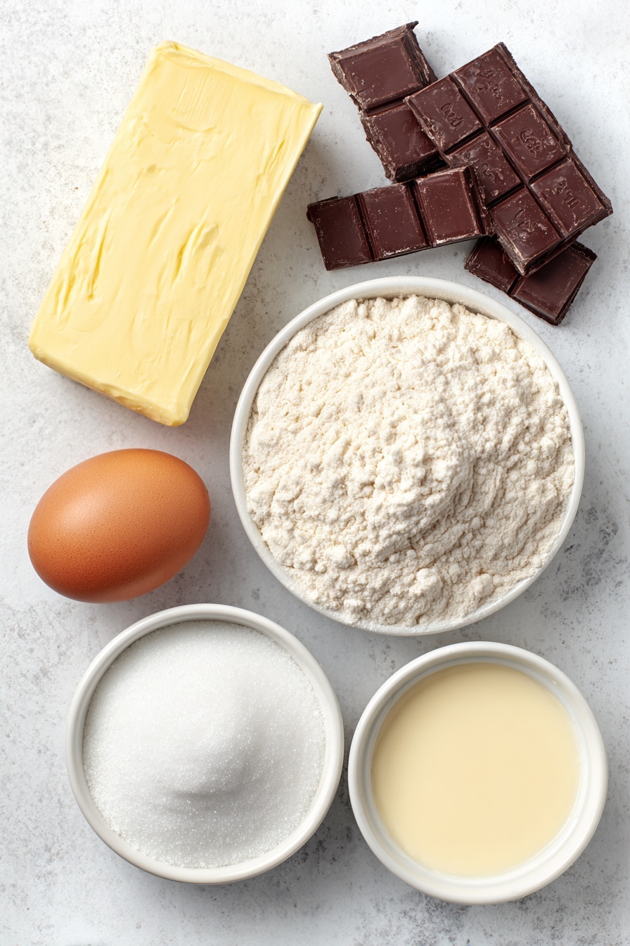 Flat lay of a small slab of smooth unsalted butter, a mound of finely sifted white icing sugar in a small white ceramic bowl, one whole brown egg with a clean shell, a small white ceramic bowl filled with plain all-purpose flour, a small white ceramic bowl holding glossy red strawberry jam, a few chunks of rich milk chocolate, and a small white ceramic bowl filled with pale vanilla extract, all arranged symmetrically on a clean white marble surface, soft natural light, photo taken with an iPhone, professional food photography style, fresh ingredients, white ceramic bowls, no bottles, no duplicates, no utensils, no packaging --ar 2:3 --v 7 --p m7354615311229779997 - Easy Reindeer Cookies, festive holiday cookies, adorable Christmas cookies, simple cookie decorating ideas, kid-friendly holiday treats