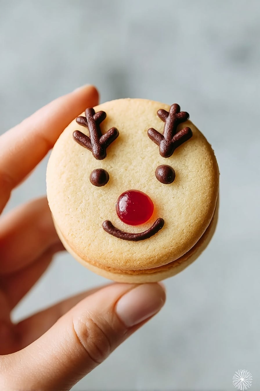 A round cookie with two light golden layers sandwiching a thin layer of dark orange filling in the middle. The top layer has a small round transparent red candy embedded near the bottom center, resembling a nose. Above the candy, two small dots of dark chocolate are placed as eyes, and above them, two chocolate antler shapes are drawn. The cookie is held between the thumb and the index finger of a woman's hand with a light skin tone. The background is a soft, blurred white marbled texture. photo taken with an iphone --ar 2:3 --v 7 - Easy Reindeer Cookies, festive holiday cookies, adorable Christmas cookies, simple cookie decorating ideas, kid-friendly holiday treats