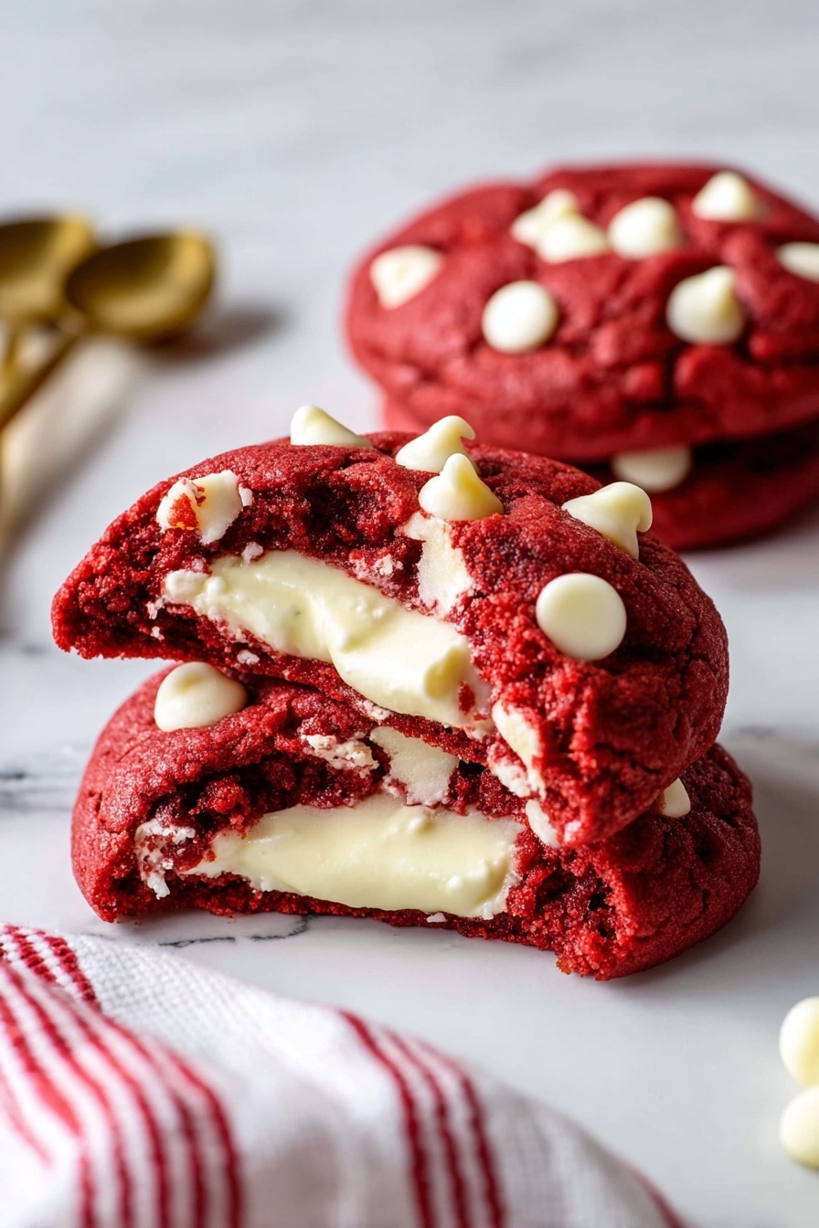 Three red velvet cookies are shown placed on a white marbled surface. Two whole cookies are in the background, each studded with small white chocolate chips on top. In the front, one cookie is split in half, revealing a thick, creamy white layer of filling inside. The red cookie dough appears soft and slightly textured, contrasting with the smooth filling. A piece of red and white striped cloth is partially visible at the bottom left corner, and a few gold measuring spoons rest blurred in the background. photo taken with an iphone --ar 2:3 --v 7 - Cheesecake Stuffed Red Velvet Cookies, red velvet cheesecake cookies, red velvet cookies with cheesecake filling, easy red velvet cookies, decadent cheesecake cookies