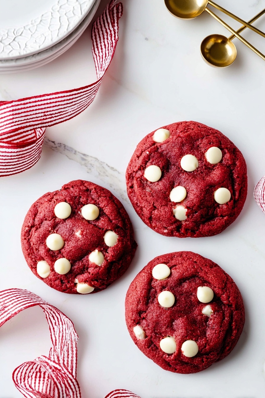 Three round red cookies with a soft, slightly cracked texture sit on a white marbled surface. Each cookie has several white chocolate chips scattered unevenly on top, creating a contrast against the deep red dough. Two red and white striped ribbons flow loosely around the cookies, adding a festive touch to the clean, bright setting. In the top left corner, part of a white plate with a subtle pattern is visible, and in the top right corner, gold and white measuring spoons rest on the surface. photo taken with an iphone --ar 2:3 --v 7 - Cheesecake Stuffed Red Velvet Cookies, red velvet cheesecake cookies, red velvet cookies with cheesecake filling, easy red velvet cookies, decadent cheesecake cookies