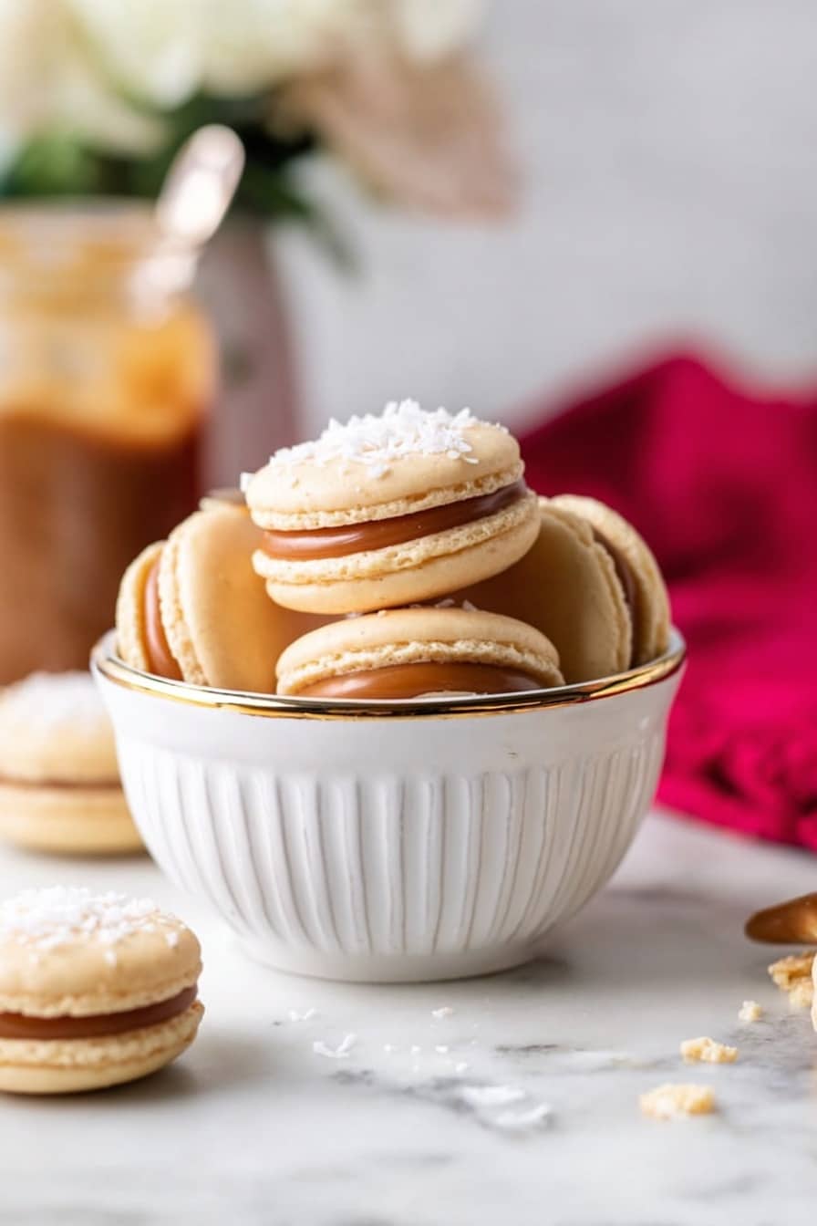 A white ribbed bowl with a gold rim sits on a white marbled surface, filled with small round sandwich cookies. Each cookie has two smooth pale yellow layers with a thick glossy caramel-colored filling in the middle. One cookie at the back is topped with white flakes, giving it a textured finish. Loose white flakes are scattered around the bowl on the surface. In the soft background, a glass jar of caramel spread with a spoon is visible, along with a red cloth and blurred white flowers. Photo taken with an iphone --ar 2:3 --v 7 - Delicious Dulce de Leche Alfajores, South American cookie recipes, homemade alfajores with dulce de leche, buttery sandwich cookies, traditional alfajores recipe