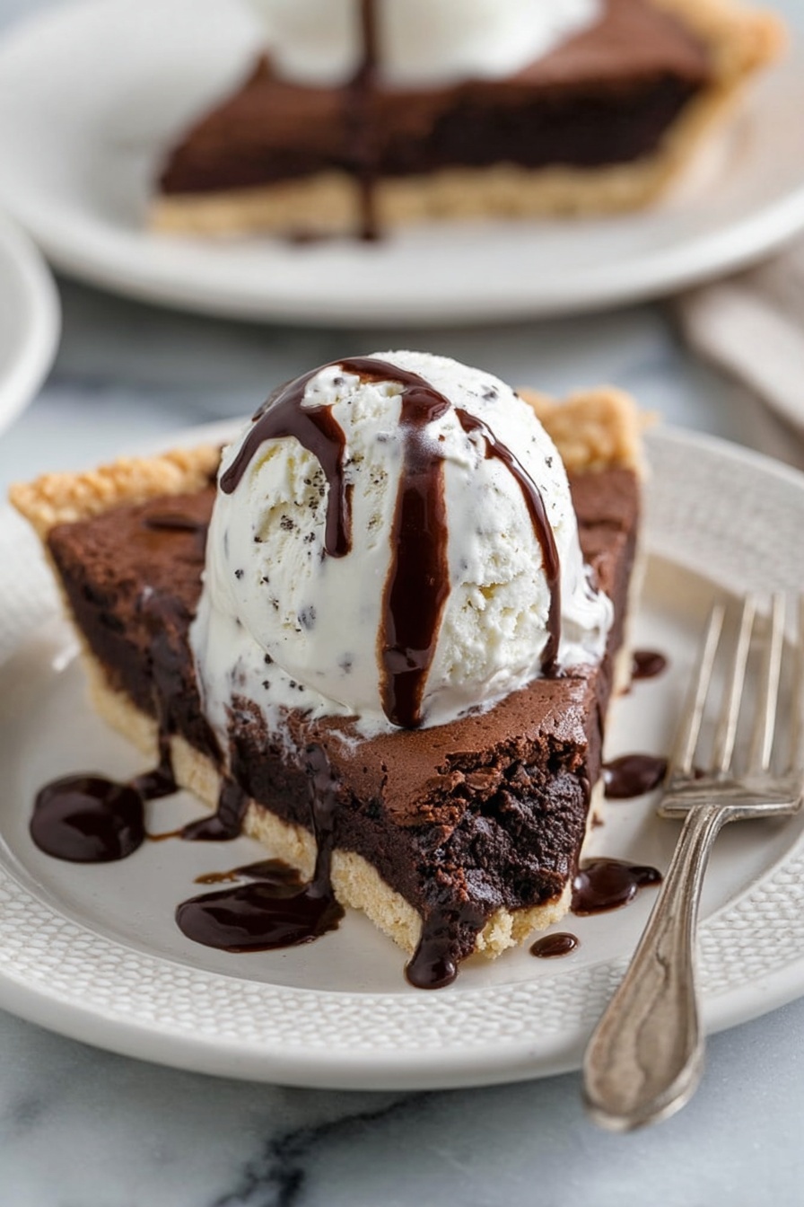 A slice of dark brown chocolate tart sits in the center of a white plate with a textured rim. The tart has a thick, slightly cracked chocolate layer on top and a light beige crumbly crust on the bottom and edges. On top of the tart is a large scoop of creamy white vanilla ice cream with visible tiny black vanilla specks. The ice cream is drizzled with smooth, dark chocolate sauce that flows down the sides. A silver fork rests on the plate next to the tart, and the plate is positioned on a white marbled surface. In the background, there is another slice of the chocolate tart, slightly out of focus, on a similar white plate. photo taken with an iphone --ar 2:3 --v 7 - Easy Chocolate Fudge Pie, chocolate fudge pie recipe, how to make chocolate fudge pie, simple chocolate dessert, rich chocolate pie