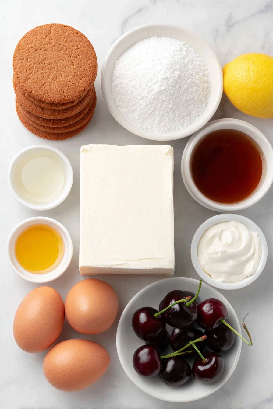 Flat lay of a small stack of round biscoff cookies with a reddish-brown caramel color, a small white ceramic bowl filled with fine white granulated sugar, a small white ceramic bowl holding rich golden melted butter, a smooth block of soft cream cheese on a simple white plate, a small white bowl of thick pale sour cream, a tiny white bowl containing clear vanilla extract, a small white bowl of delicate fine sea salt, three large whole uncracked brown eggs, a small pile of fresh glossy black cherries with stems, a bright yellow whole lemon, and a small white bowl of fine pale cornstarch, placed on a clean white marble surface, soft natural light, photo taken with an iPhone, professional food photography style, fresh ingredients, white ceramic bowls, no bottles, no duplicates, no utensils, no packaging --ar 2:3 --v 7 --p m7354615311229779997 - Cherry Biscoff Cheesecake, Biscoff cheesecake with cherry topping, no-bake cherry cheesecake, how to make cherry Biscoff cheesecake, easy cherry cheesecake recipe