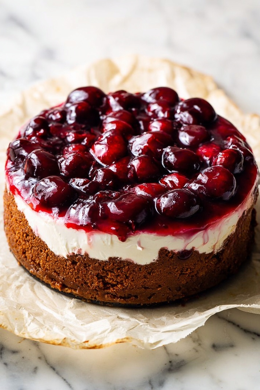 A round dessert with three visible layers is shown. The bottom layer is a dark brown crust that looks thick and crumbly, forming the base and sides. The middle layer is white and creamy, spread evenly above the crust. The top layer is a shiny, deep red cherry topping with whole cherries covered in a glossy sauce. The dessert sits on crumpled parchment paper, placed on a white marbled surface. The photo taken with an iphone --ar 2:3 --v 7 - Cherry Biscoff Cheesecake, Biscoff cheesecake with cherry topping, no-bake cherry cheesecake, how to make cherry Biscoff cheesecake, easy cherry cheesecake recipe