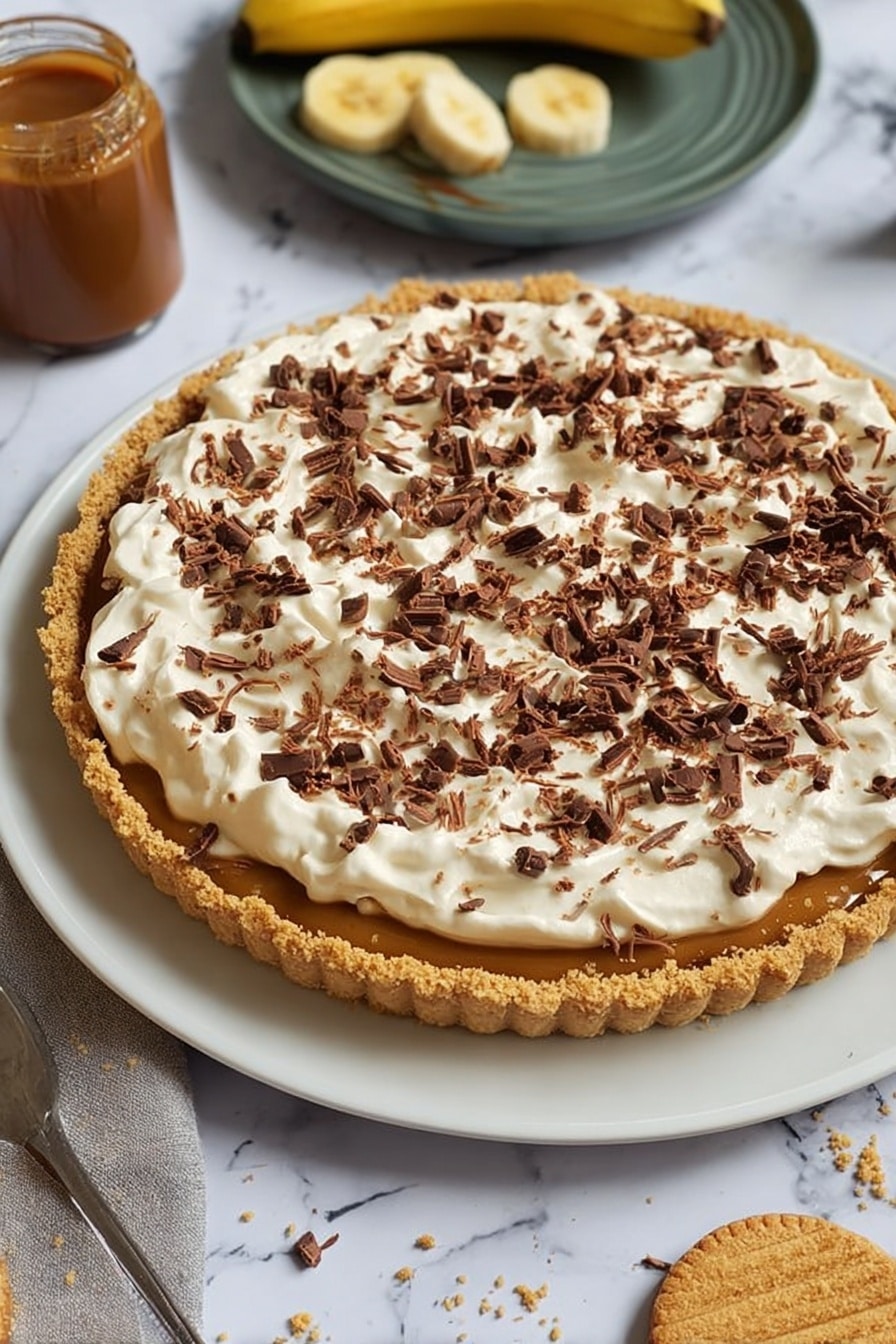 The image shows a dessert tart on a white plate with a crumbly golden brown crust forming the base, filled with a caramel-colored layer visible under a thick top layer of fluffy, white cream spread unevenly. The cream is generously covered with small, dark brown chocolate curls scattered across the surface. Around the plate, there is a jar of caramel sauce, a partially peeled banana, and a round biscuit with a bite taken out, all set on a white marbled surface. Photo taken with an iphone --ar 2:3 --v 7 - No-Bake Banoffee Pie, easy banoffee dessert, no-bake pie recipe, caramel banana pie, quick dessert ideas