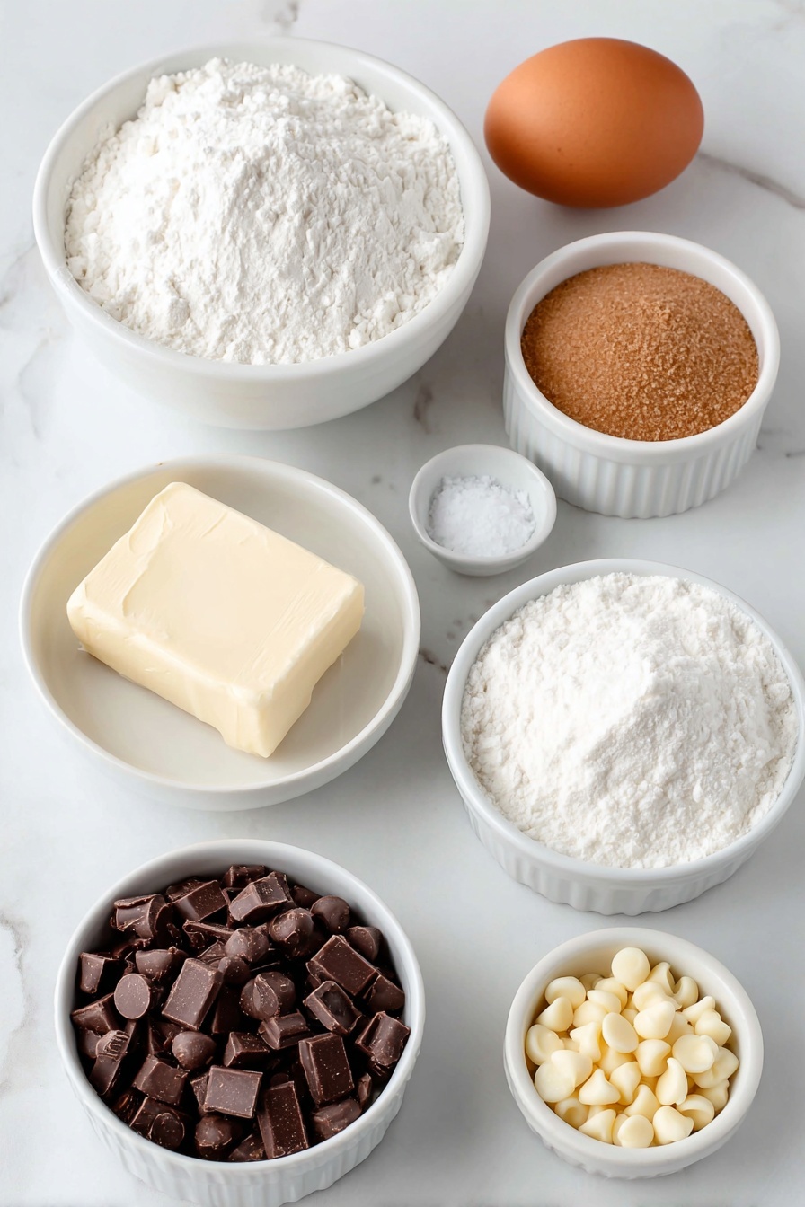 Flat lay of unsalted butter in a small white ceramic bowl, light brown sugar in a separate small white ceramic bowl, one large whole uncracked brown egg, plain white flour in a small white ceramic bowl, cornflour in a small white ceramic bowl, a pinch of sea salt in a small white ceramic bowl, bicarbonate of soda in a small white ceramic bowl, white chocolate chips scattered naturally, chopped macadamia nuts resting in a small neat pile, all arranged symmetrically with balanced spacing, placed on a clean white marble surface, soft natural light, photo taken with an iPhone, professional food photography style, fresh ingredients, white ceramic bowls, no bottles, no duplicates, no utensils, no packaging --ar 2:3 --v 7 --p m7354615311229779997 - White Chocolate Macadamia Cookies, easy cookie recipes, buttery cookies with white chocolate, crunchy macadamia nut cookies, homemade cookie ideas