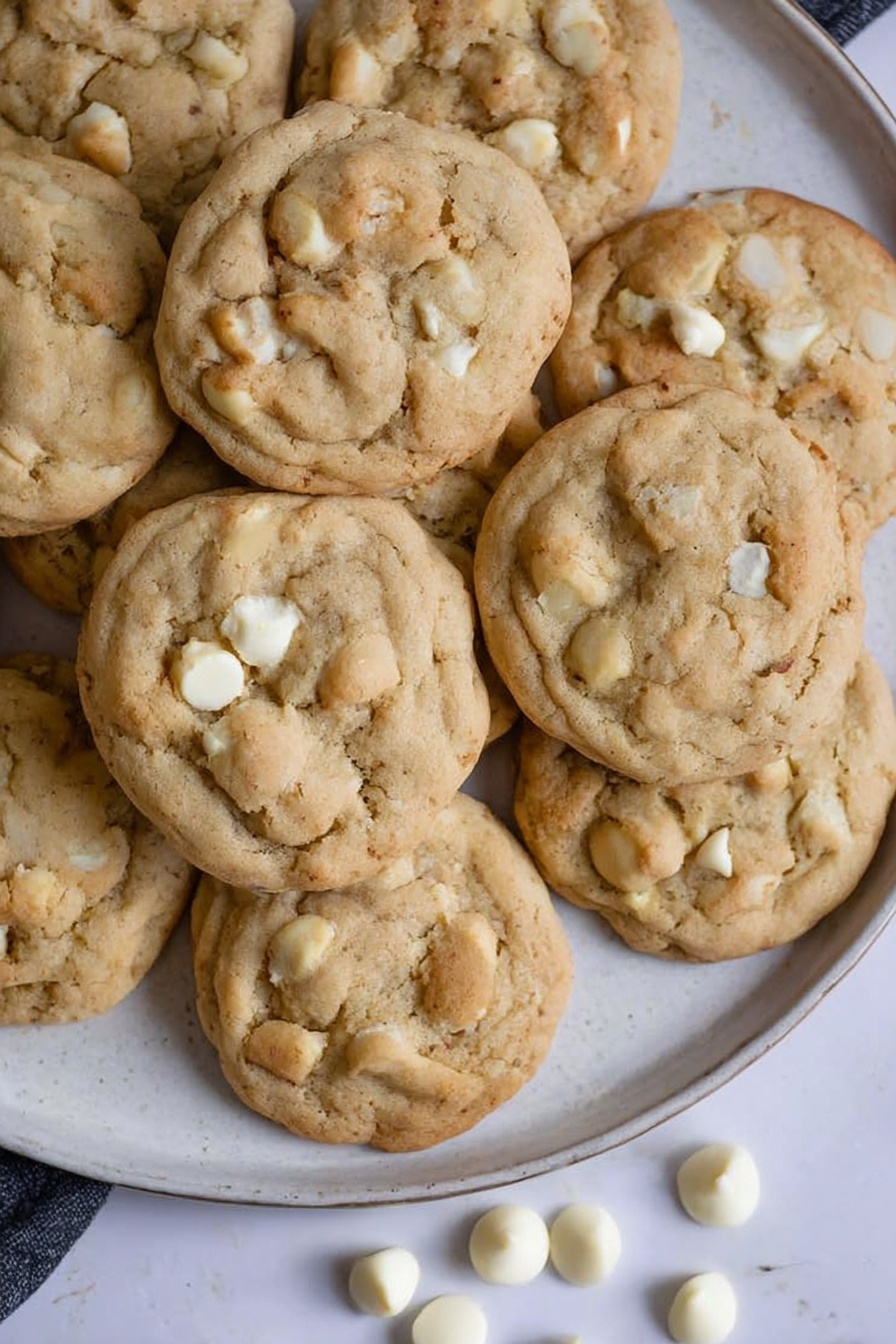 A pile of about ten light brown cookies with white chocolate chips is placed closely together on a round white plate with a subtle marbled texture. The cookies are soft and chunky, showing a mix of uneven cookie dough and white chip spots throughout each cookie. A few loose white chocolate chips are scattered around the front area of the plate on a white marbled surface. The overall look is warm and inviting with a soft texture on the cookies, making them look fresh and tasty. Photo taken with an iphone --ar 2:3 --v 7 - White Chocolate Macadamia Cookies, easy cookie recipes, buttery cookies with white chocolate, crunchy macadamia nut cookies, homemade cookie ideas