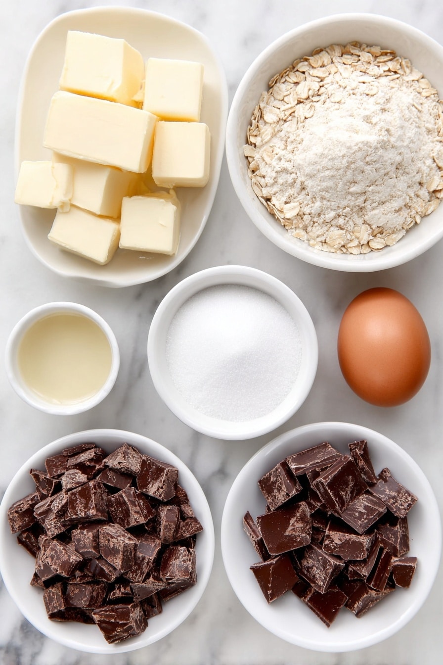 Flat lay of a small pile of unsalted butter cubes with a pale yellow color, a small heap of plain all-purpose flour, a neat mound of rolled oats, a small white ceramic bowl of baking soda powder, a smaller white bowl with kosher salt crystals, a small white bowl filled with tightly packed brown sugar, one large whole uncracked brown-shelled egg, a small white bowl containing clear vanilla extract, and a scattering of roughly chopped dark chocolate chunks—all ingredients fresh and natural, arranged in perfect symmetry on simple white ceramic dishes, placed on a clean white marble surface, soft natural light, photo taken with an iPhone, professional food photography style, fresh ingredients, white ceramic bowls, no bottles, no duplicates, no utensils, no packaging --ar 2:3 --v 7 --p m7354615311229779997 - Brown Butter Oatmeal Chocolate Chip Cookies, oatmeal chocolate chip cookies, brown butter cookie recipe, chewy crispy cookies, homemade cookie recipes