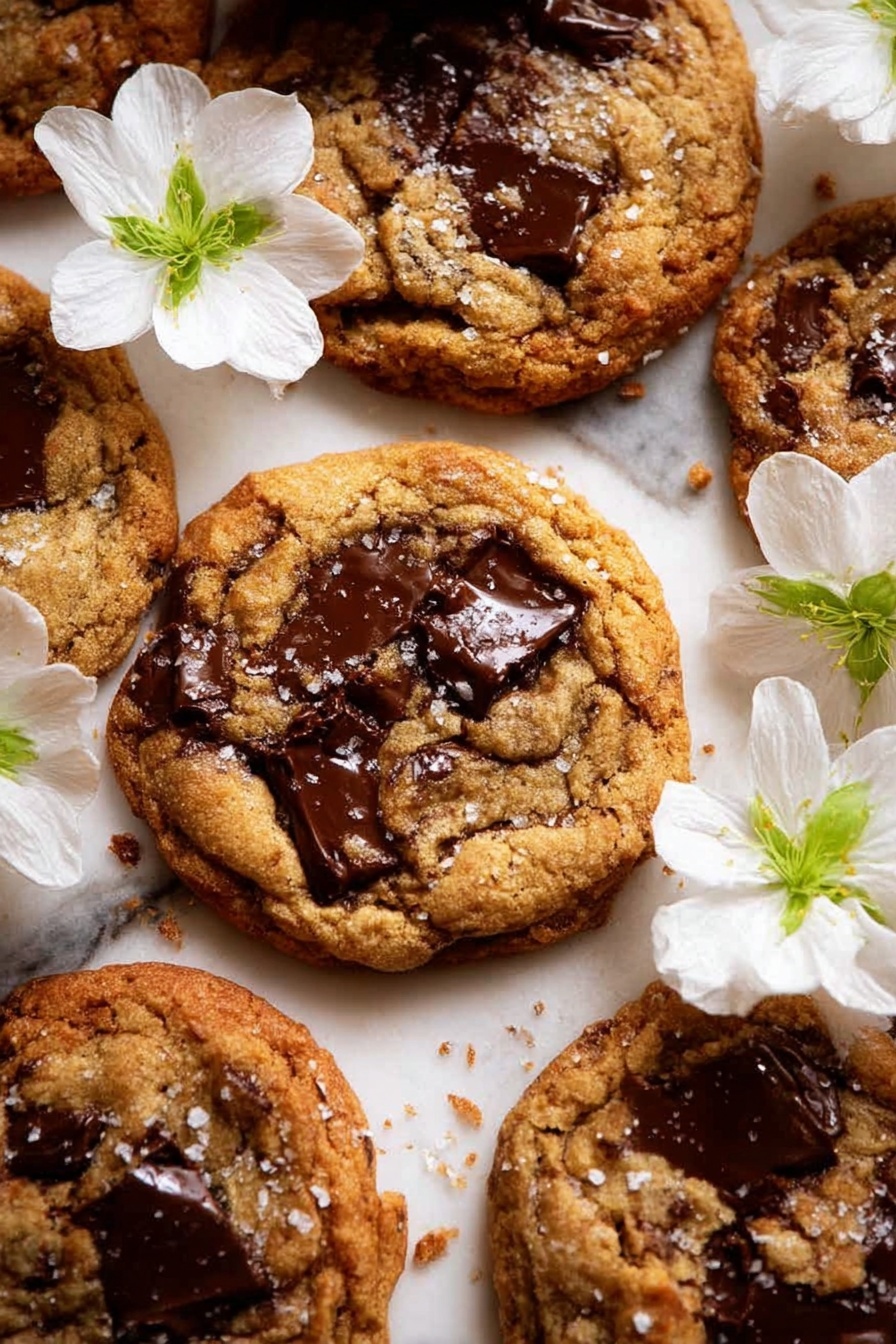 Several golden brown cookies with large, dark chocolate chunks melted into the surface are arranged closely together on a white marbled texture. The cookies have a slightly rough texture with cracks and visible sugar glistening on top. Scattered around and between the cookies are soft white flowers with green centers and petals gently resting on the cookies. The arrangement is warm and cozy with a natural, slightly imperfect look. photo taken with an iphone --ar 2:3 --v 7 - Brown Butter Oatmeal Chocolate Chip Cookies, oatmeal chocolate chip cookies, brown butter cookie recipe, chewy crispy cookies, homemade cookie recipes