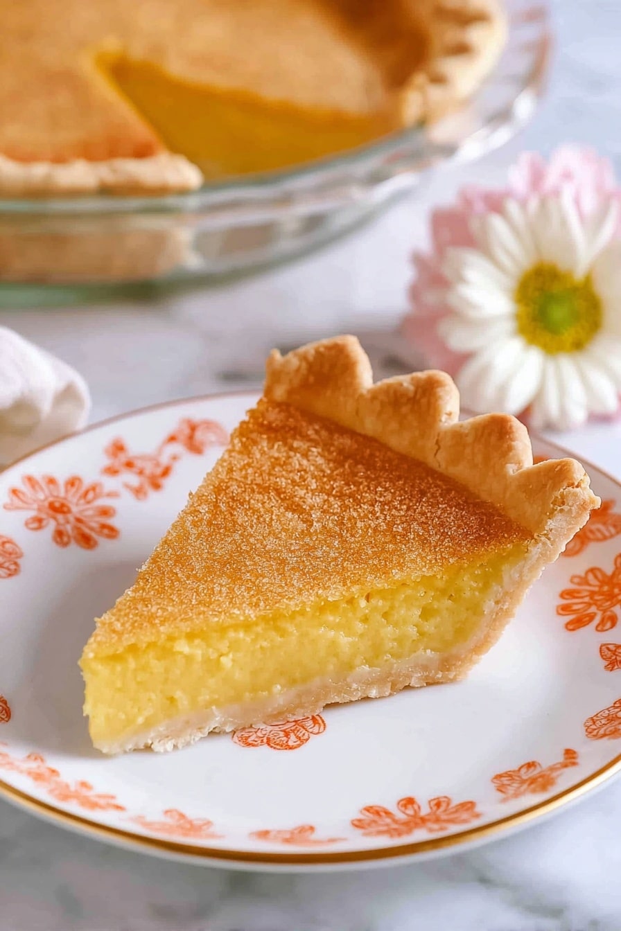 A single slice of pie sits on a white plate decorated with orange floral patterns; the slice has two layers – a thick, smooth, yellow filling on the bottom and a slightly crumbly, golden brown crust on top with a crimped edge. In the background, the rest of the pie is visible in a clear glass pie dish on a white marbled surface, accompanied by a white flower with a yellow center and soft pink petals next to it. The image is bright, with natural light highlighting the texture of the pie crust and filling, photo taken with an iphone --ar 2:3 --v 7 - Classic Chess Pie, Chess Pie recipe, Southern dessert, custard pie, easy pie recipes