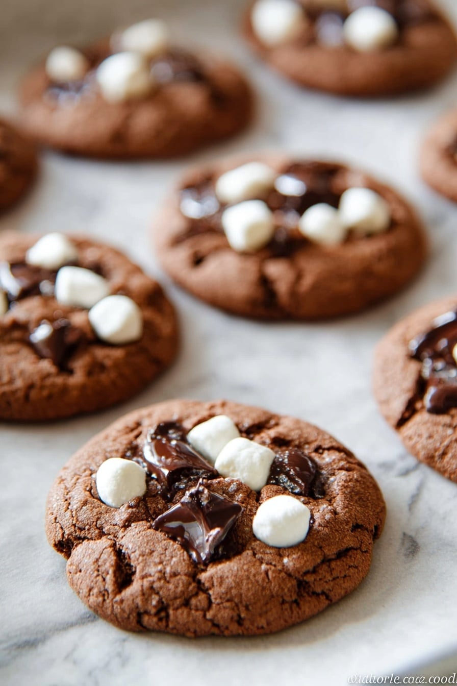 The image shows several chocolate cookies on a white marble texture covered with white parchment paper. Each cookie is round and has a rich brown color with a soft, slightly cracked texture. On top of the cookies, there are small white marshmallows scattered and dark chocolate chunks partly melted into the cookie surface. The cookies are placed in rows, with the nearest cookie in sharp focus and the others gradually blurrier in the background. The lighting is soft, highlighting the texture and gloss of the chocolate pieces. photo taken with an iphone --ar 2:3 --v 7 - Hot Chocolate Cookies, hot chocolate cookies recipe, cozy cookies, chocolate cookie recipe, easy holiday cookies
