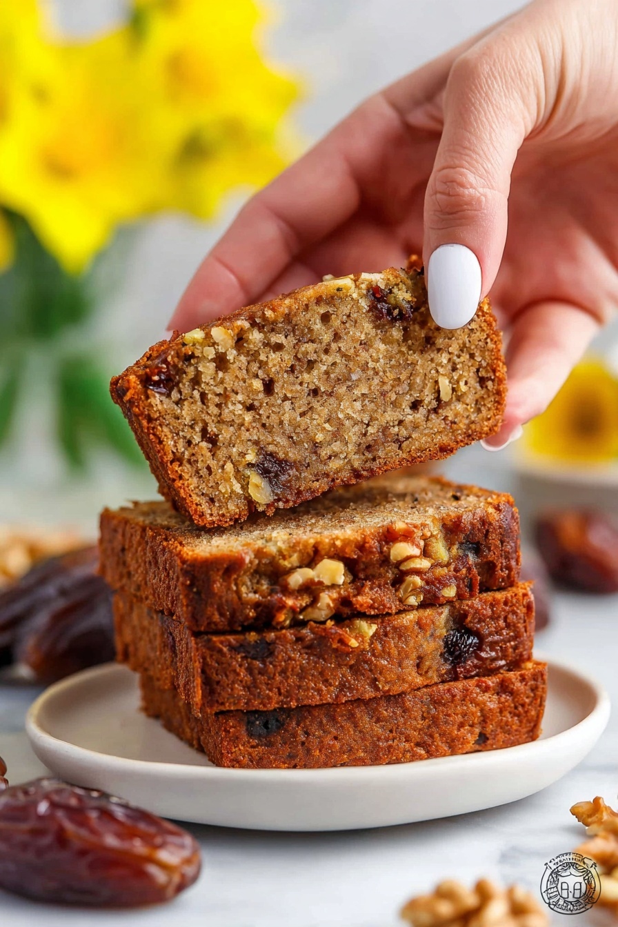 There are three thick slices of brown cake stacked on a white plate, showing a textured inside with bits of nuts and dark fruit pieces throughout. The top slice is being picked up by a woman's hand with light skin and white nail polish. The cake has a slightly crispy edge and a soft, moist middle. Around the plate, there are whole dates and walnut pieces resting on a white marbled surface. In the blurry background, there are bright yellow flowers adding a touch of color. The photo taken with an iphone --ar 2:3 --v 7 - Date Nut Bread with Walnuts, healthy date bread recipe, moist nut bread, easy homemade bread, sweet walnut bread