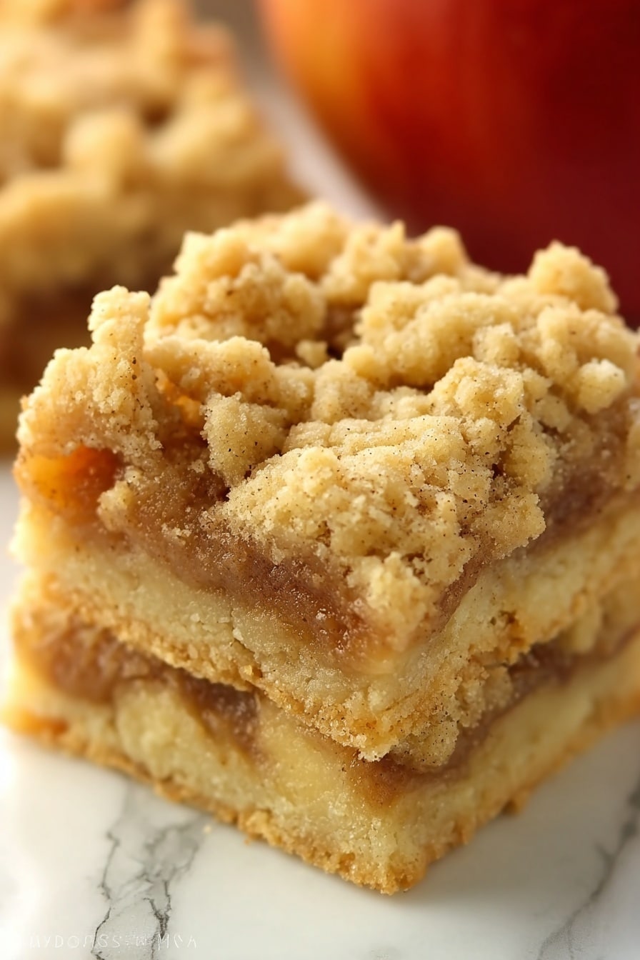 The image shows a close-up of a square apple crumble bar with three visible layers. The bottom layer is a thick, light golden shortbread crust that looks firm and slightly crumbly. The middle layer is a soft apple filling with a warm brown color and small apple pieces peeking through. The top layer is a thick crumb topping with a mix of small and bigger chunky crumbs in a pale golden tan shade. The bar is set against a white marbled surface with a red apple slightly out of focus in the background. Photo taken with an iphone --ar 2:3 --v 7 - Easy Apple Pie Bars with Crumb Topping, apple pie bar recipe, easiest apple dessert, apple crumb bars, homemade apple bars