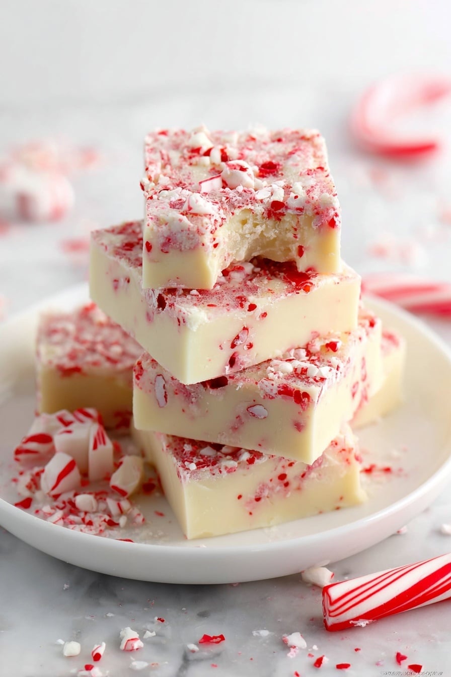 The image shows a stack of five square fudge pieces on a white plate, each piece having two visible layers: a creamy off-white bottom layer with a smooth texture and a top layer covered in crushed red and white candy pieces giving a speckled, rough appearance. One piece on top has a bite taken out, revealing a soft and dense interior. The plate sits on a surface with a white marbled texture, surrounded by scattered crushed candy bits and a whole red and white striped peppermint candy nearby. Photo taken with an iphone --ar 2:3 --v 7 - Candy Cane White Chocolate Fudge, festive holiday fudge, easy white chocolate peppermint fudge, Christmas fudge recipe, holiday gift fudge