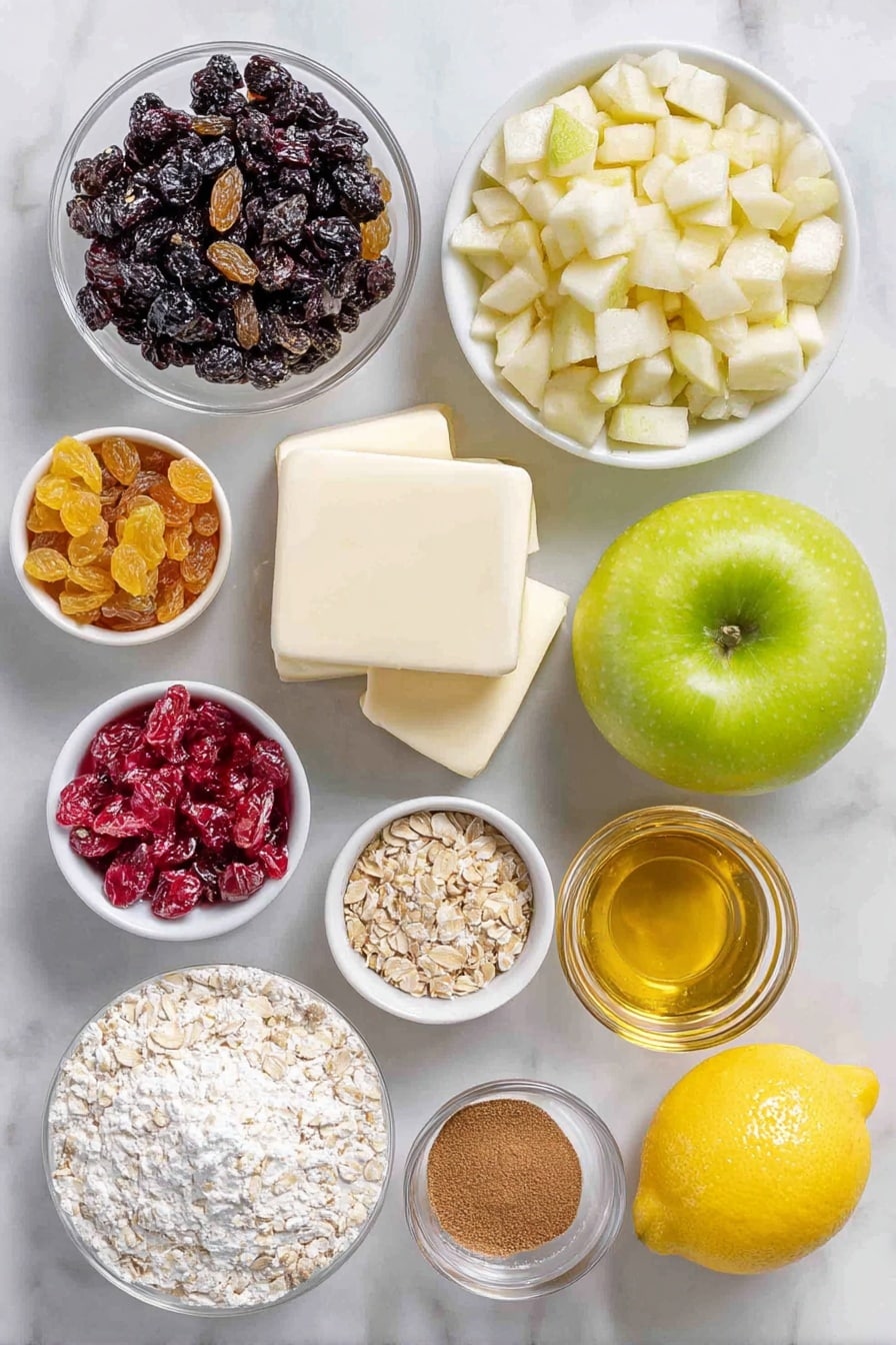 Flat lay of a small pile of golden raisins, a small pile of dark currants, a small pile of pale sultanas, a small pile of dried red cranberries, a small pile of mixed candied peel in orange and lemon hues, a small white ceramic bowl filled with finely chopped cooking apple pieces, a few cubes of cold unsalted butter with a pale creamy color, a small white ceramic bowl of light brown soft sugar, a small white ceramic bowl with ground cinnamon powder, a small white ceramic bowl with mixed spice powder, a bright yellow lemon with one piece of lemon zest beside it, a small white ceramic bowl filled with golden brandy liquid, a small white ceramic bowl filled with rolled oats, a heap of plain white flour dusted lightly on the surface, a small white ceramic bowl with cold cubed unsalted butter, a small white ceramic bowl of light brown soft sugar, a small white ceramic bowl with baking powder powder, all arranged with perfect symmetry and balanced proportions, placed on a clean white marble surface, soft natural light, photo taken with an iPhone, professional food photography style, fresh ingredients, white ceramic bowls, no bottles, no duplicates, no utensils, no packaging --ar 2:3 --v 7 --p m7354615311229779997 - Mince Pie Crumble Bars, festive holiday dessert, homemade mincemeat bars, easy mince pie bars, holiday treat recipes