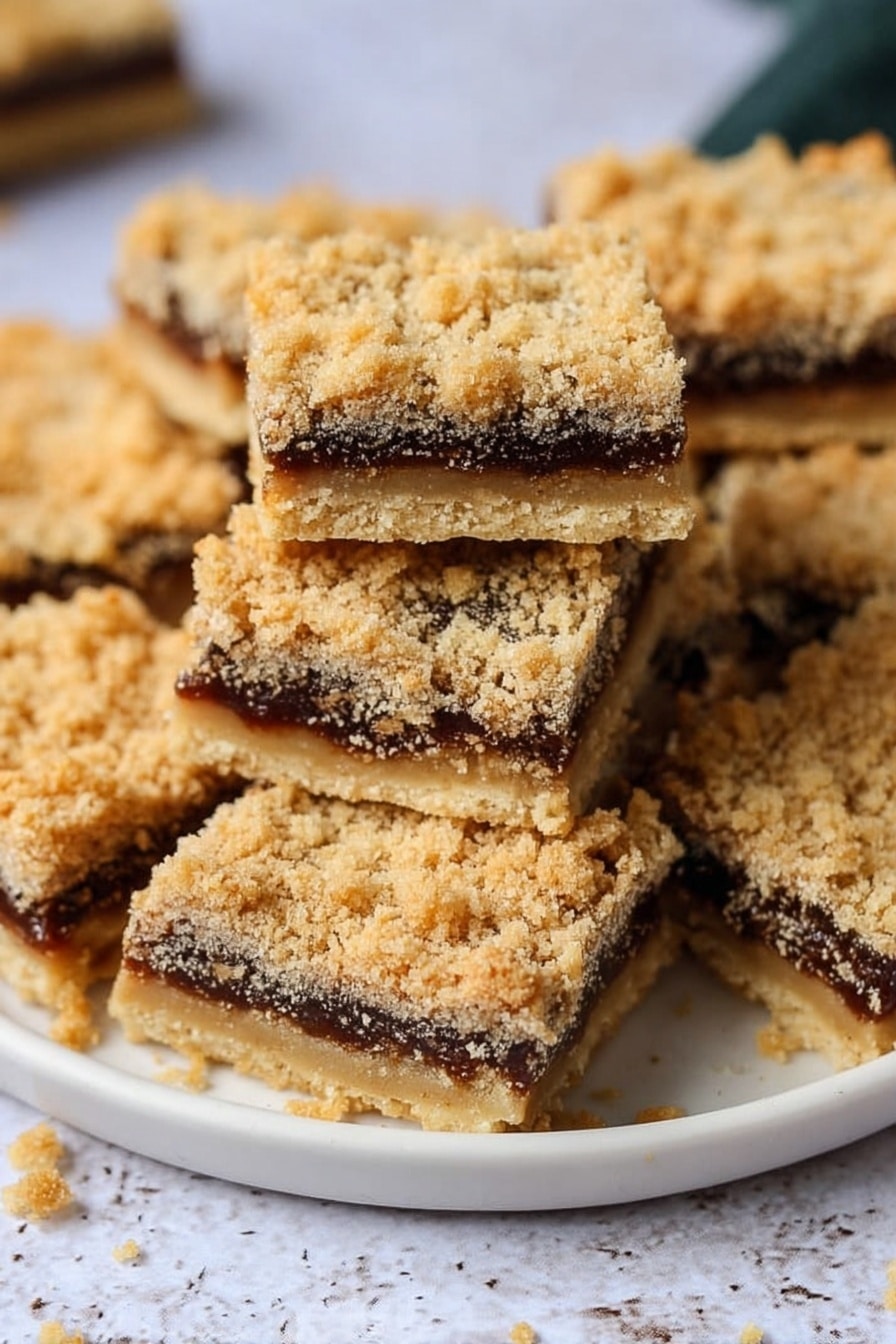The image shows a stack of square crumb bars on a white marbled surface, arranged on a white plate. Each bar has three layers, starting with a light golden base that looks firm and crumbly, a middle layer of dark brown filling with a soft texture, and a top layer of a coarse, golden crumb mix that looks crunchy. The bars are closely stacked, with crumbs scattered around, adding to the natural and homemade feel. Photo taken with an iphone --ar 2:3 --v 7 - Mince Pie Crumble Bars, festive holiday dessert, homemade mincemeat bars, easy mince pie bars, holiday treat recipes