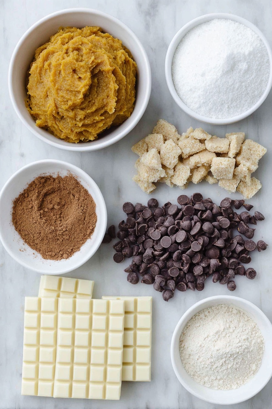 Flat lay of a smooth mound of bright orange pure pumpkin puree in a simple white ceramic bowl, a small white bowl filled with fine white powdered sugar, a neat pile of golden graham cracker crumbs arranged beside a small mound of granulated sugar mixed with ground cinnamon in another white bowl, a small heap of mini shiny dark chocolate chips, a portion of white chocolate bars broken into chunks, and a tiny white bowl containing warm brown pumpkin pie spice powder, all placed on a clean white marble surface, soft natural light, photo taken with an iPhone, professional food photography style, fresh ingredients, white ceramic bowls, no bottles, no duplicates, no utensils, no packaging --ar 2:3 --v 7 --p m7354615311229779997 - Spiced Pumpkin Truffles, pumpkin truffles, fall dessert treats, no-bake pumpkin bites, cozy pumpkin confections