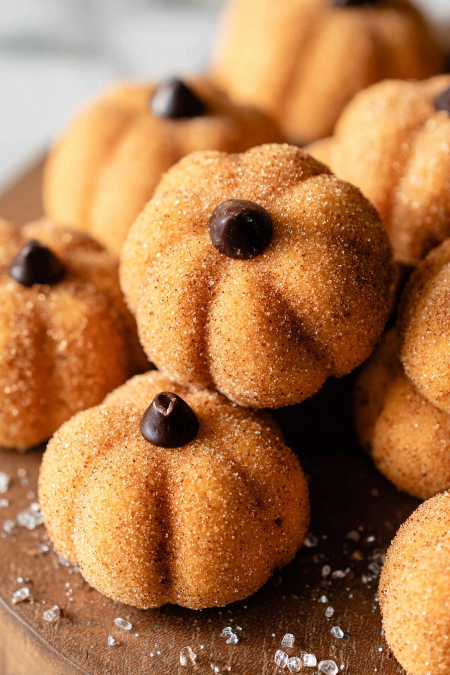 The image shows several small pumpkin-shaped cookies in a close-up view, each cookie is round and has distinct carved lines running from the top to the bottom, mimicking a pumpkin’s sections. They have a light brown color with a slightly grainy texture because of the sugar coating, which gives them a sparkly look. On the top center of each cookie, there is one small, dark chocolate chip that looks like a pumpkin stem. The cookies are placed close together on a wooden surface with some scattered sugar crystals around them, all against a white marbled texture background. photo taken with an iphone --ar 2:3 --v 7 - Spiced Pumpkin Truffles, pumpkin truffles, fall dessert treats, no-bake pumpkin bites, cozy pumpkin confections