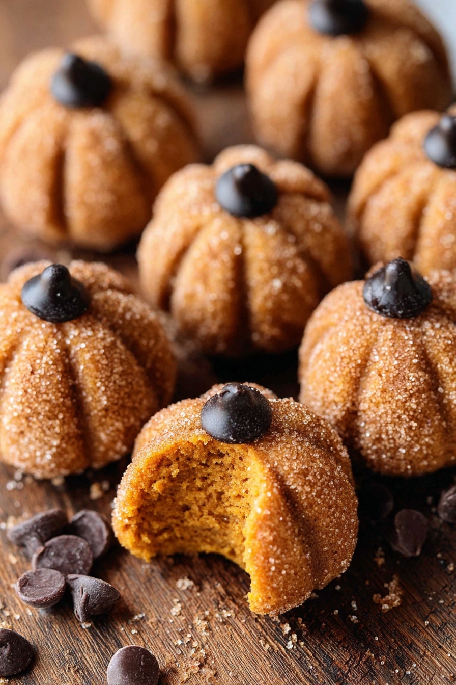 The image shows small pumpkin-shaped treats with a light brown color and sugar coating on the outside. Each treat has vertical lines carved to look like pumpkin ribs and a single dark chocolate chip placed on top as a stem. One treat is broken open, showing a soft, moist, and slightly crumbly orange interior. The treats are scattered on a brown wooden surface with a few extra chocolate chips around them. The white marbled texture can be faintly seen in the background. photo taken with an iphone --ar 2:3 --v 7 - Spiced Pumpkin Truffles, pumpkin truffles, fall dessert treats, no-bake pumpkin bites, cozy pumpkin confections