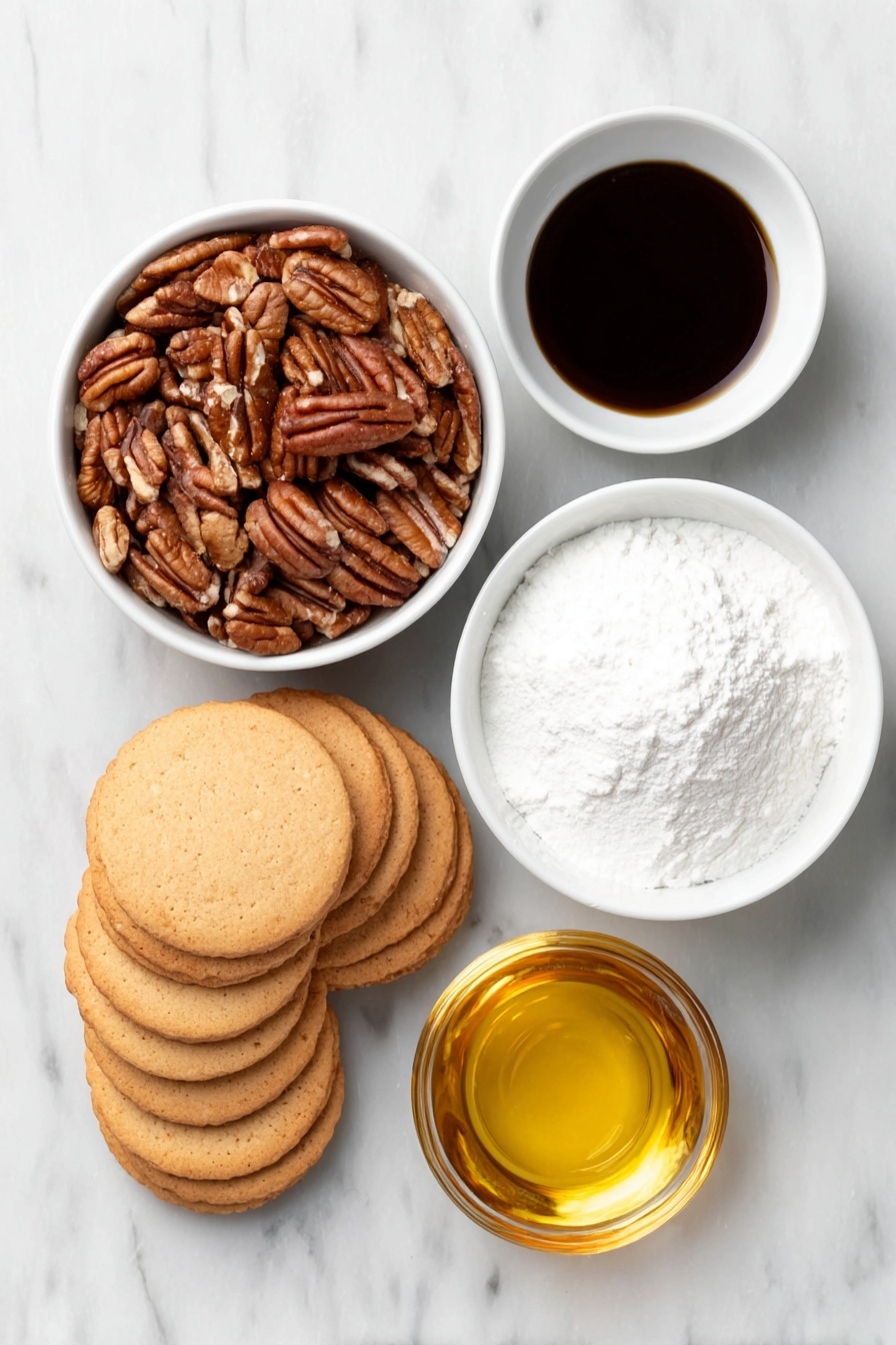 Flat lay of vanilla wafer cookies in a small pile, a white ceramic bowl filled with finely chopped toasted pecans, a small white bowl with smooth unsweetened cocoa powder, a white ceramic bowl heaped with powdered sugar, a small white bowl containing a golden light corn syrup, and another small white bowl holding clear bourbon liquid mixed with a splash of vanilla extract, all arranged symmetrically, placed on a clean white marble surface, soft natural light, photo taken with an iPhone, professional food photography style, fresh ingredients, white ceramic bowls, no bottles, no duplicates, no utensils, no packaging --ar 2:3 --v 7 --p m7354615311229779997 - Bourbon Balls, Bourbon Balls Recipe, No Bake Bourbon Balls, Holiday Bourbon Sweets, Easy Bourbon Candy