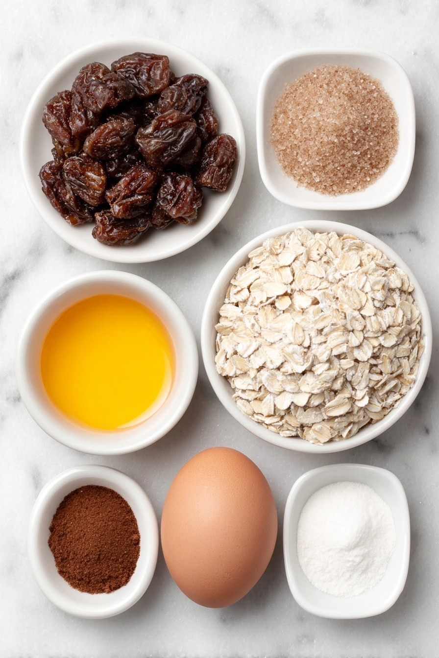 Flat lay of a small pile of chopped dried figs with visible seeds, a small white ceramic bowl of clear water, a small white ceramic bowl filled with bright orange juice, a small white ceramic bowl of thick golden maple syrup, a small heap of light brown packed brown sugar, one large whole uncracked egg with a clean shell, a neat mound of old-fashioned whole rolled oats, a small pile of whole wheat flour, a small white ceramic bowl containing melted coconut oil with a glossy surface, a small heap of light beige baking powder, a tiny pile of ground cinnamon with warm brown color, a small pinch of ground nutmeg in a rich brown shade, and a small pinch of salt, all arranged in perfect symmetry on a clean white marble surface, soft natural light, photo taken with an iPhone, professional food photography style, fresh ingredients, white ceramic bowls, no bottles, no duplicates, no utensils, no packaging --ar 2:3 --v 7 --p m7354615311229779997 - Homemade Oatmeal Fig Bars, healthy oatmeal fig bars, homemade fig bar recipe, wholesome fig bars, easy fig bar recipe
