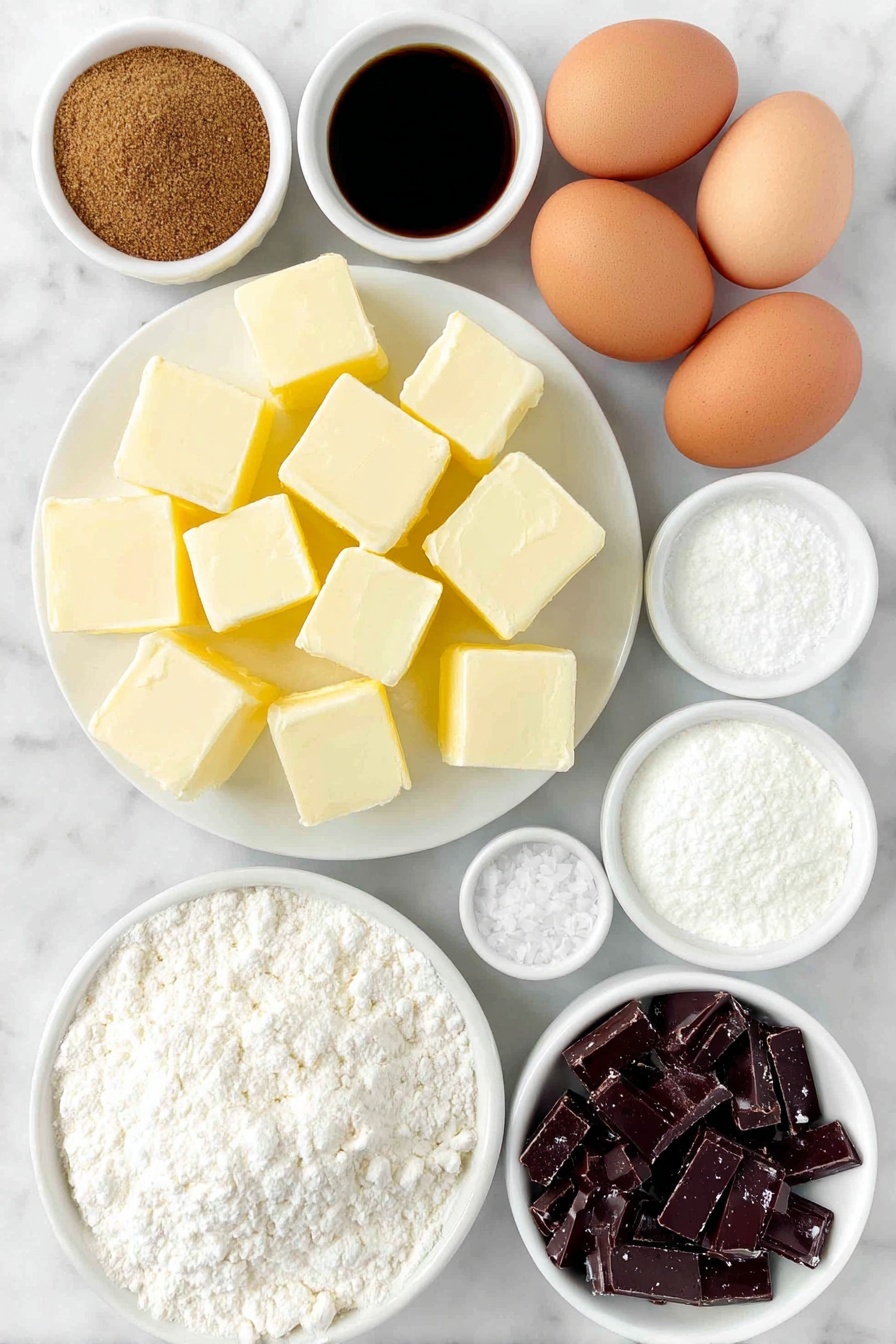 Flat lay of unsalted butter cut into small cubes on a simple white ceramic plate, a small white bowl filled with light and dark brown sugar blend, a small white bowl with white granulated sugar, two whole brown eggs with clean shells, a small white bowl holding golden vanilla extract, a neat pile of all-purpose flour on a white ceramic plate, a small white bowl with fine white cornstarch, a small white bowl containing baking powder, a small white bowl with baking soda, a small white bowl with fine sea salt, a small white bowl filled with shiny milk chocolate toffee pieces, and a few coarse sea salt crystals sprinkled artistically on a white ceramic dish, all arranged in perfect symmetry and balanced proportions, placed on a clean white marble surface, soft natural light, photo taken with an iPhone, professional food photography style, fresh ingredients, white ceramic bowls, no bottles, no duplicates, no utensils, no packaging --ar 2:3 --v 7 --p m7354615311229779997 - Brown Butter Toffee Cookies, Toffee Cookie Recipe, Easy Toffee Cookies, Buttery Toffee Cookies, Chewy Toffee Cookie Recipe