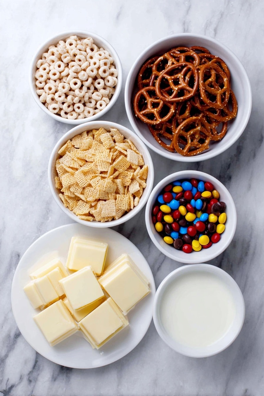 Flat lay of Cheerios in a small white ceramic bowl, Rice Chex in a small white ceramic bowl, Wheat Chex in a small white ceramic bowl, Corn Chex in a small white ceramic bowl, a handful of pretzel sticks neatly arranged next to the bowls, a small white ceramic bowl filled with colorful m&m’s, chunks of fresh white chocolate placed on a simple white ceramic plate, all ingredients placed with perfect symmetry, natural and fresh appearance, placed on a clean white marble surface, soft natural light, photo taken with an iPhone, professional food photography style, fresh ingredients, white ceramic bowls, no bottles, no duplicates, no utensils, no packaging --ar 2:3 --v 7 --p m7354615311229779997 - Chex Christmas Mix, Holiday Snack Recipes, Easy Christmas Treats, Sweet and Salty Snacks, Festive Party Snacks