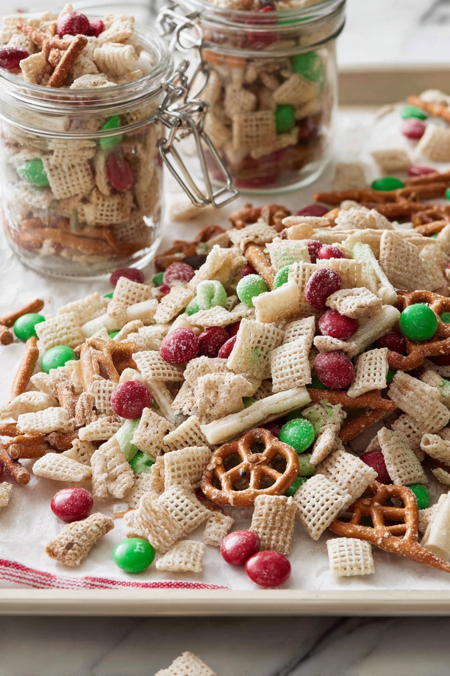 The image shows a large pile of a snack mix spread on a white tray with a white marbled surface underneath. The mix includes light beige cereal pieces in square and round shapes, thin pale brown pretzel sticks coated in white, and red and green candy-coated chocolate pieces scattered throughout. Some of the snack mix is stored inside two clear glass jars with metal clasps in the front left of the image, while the rest is loosely spread out on the tray. The whole scene is brightly lit with soft shadows. Photo taken with an iphone --ar 2:3 --v 7 - Chex Christmas Mix, Holiday Snack Recipes, Easy Christmas Treats, Sweet and Salty Snacks, Festive Party Snacks