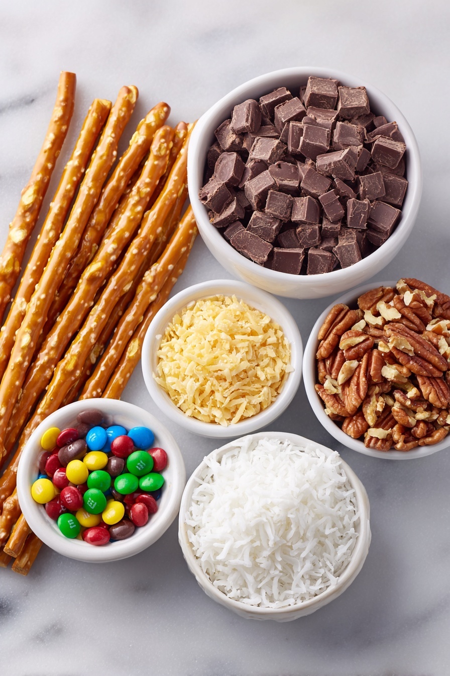 Flat lay of a bundle of long golden pretzel rods leaning slightly, a simple white ceramic bowl filled with smooth chopped milk chocolate chunks, a small white ceramic bowl with colorful mini M&M’s, a small white ceramic bowl of shredded white coconut flakes, a small white ceramic bowl of crunchy toffee bits, and a small white ceramic bowl of coarsely chopped nuts, all ingredients fresh and natural, placed on a clean white marble surface, soft natural light, photo taken with an iPhone, professional food photography style, fresh ingredients, white ceramic bowls, no bottles, no duplicates, no utensils, no packaging --ar 2:3 --v 7 --p m7354615311229779997 - Chocolate Covered Pretzel Rods, Pretzel Rods with Chocolate, Easy Chocolate Pretzel Snacks, Salted Pretzel Treats, Homemade Chocolate Pretzels
