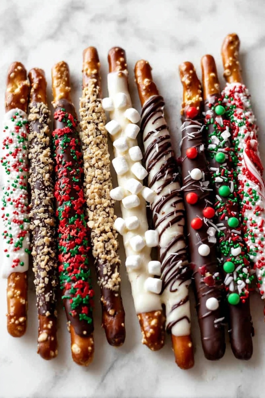 The image shows nine pretzel sticks lined up on a white marbled surface. Each pretzel stick is dipped halfway in different colors of chocolate or candy coating and decorated with various toppings. From left to right, the first stick is covered in white chocolate with red and green sprinkles, the second in white chocolate with crushed nuts, the third in dark chocolate with tiny white marshmallows, the fourth in dark chocolate with drizzle, the fifth in white chocolate with crushed candy canes, the sixth in white chocolate with red and green round candies, the seventh in white chocolate with dark chocolate drizzle, the eighth in white chocolate with red and green sprinkles, and the ninth in dark chocolate with red and green round sprinkles. Photo taken with an iphone --ar 2:3 --v 7 - Chocolate Covered Pretzel Rods, Pretzel Rods with Chocolate, Easy Chocolate Pretzel Snacks, Salted Pretzel Treats, Homemade Chocolate Pretzels