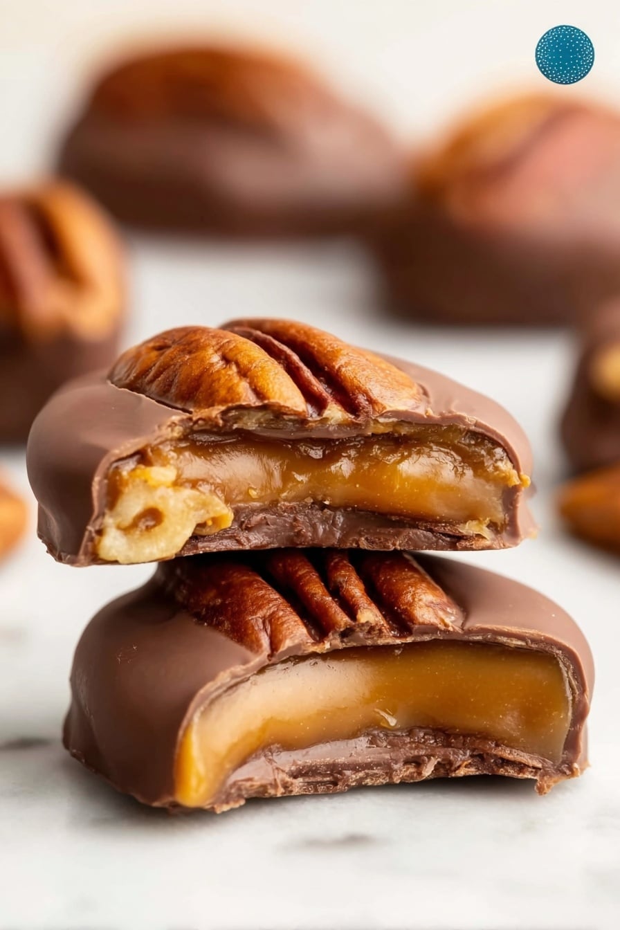 The image shows a close-up of two small chocolate-covered pecan clusters on a white marbled surface. Each cluster has three visible layers: the bottom layer is a light golden caramel, the middle layer is a rich, smooth milk chocolate with a creamy texture, and the top layer is a whole shiny pecan with a deep brown and wrinkled surface. One cluster is in the foreground, partially bitten to reveal the caramel and chocolate layers inside. The background is softly blurred with more similar clusters lightly out of focus. Photo taken with an iphone --ar 2:3 --v 7 - Pretzel Rolo Turtle Bites, easy sweet and salty snacks, no-bake pretzel treats, holiday party finger foods, quick chocolate caramel bites