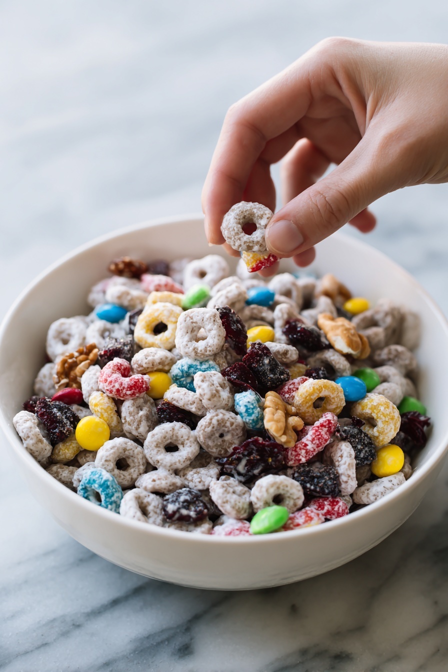 A white bowl filled with a mix of crunchy cereal loops covered in a light white coating, colorful candy pieces in red, blue, yellow, and green scattered throughout, chunky nuts, and dried dark berries spread evenly on top. A woman's hand is picking up a large portion of the mix from the bowl. The background is a white marbled surface. photo taken with an iphone --ar 2:3 --v 7 - White Chocolate Snack Mix, White Chocolate Snack Mix recipe, sweet salty snack mix, easy holiday treat, quick party snack