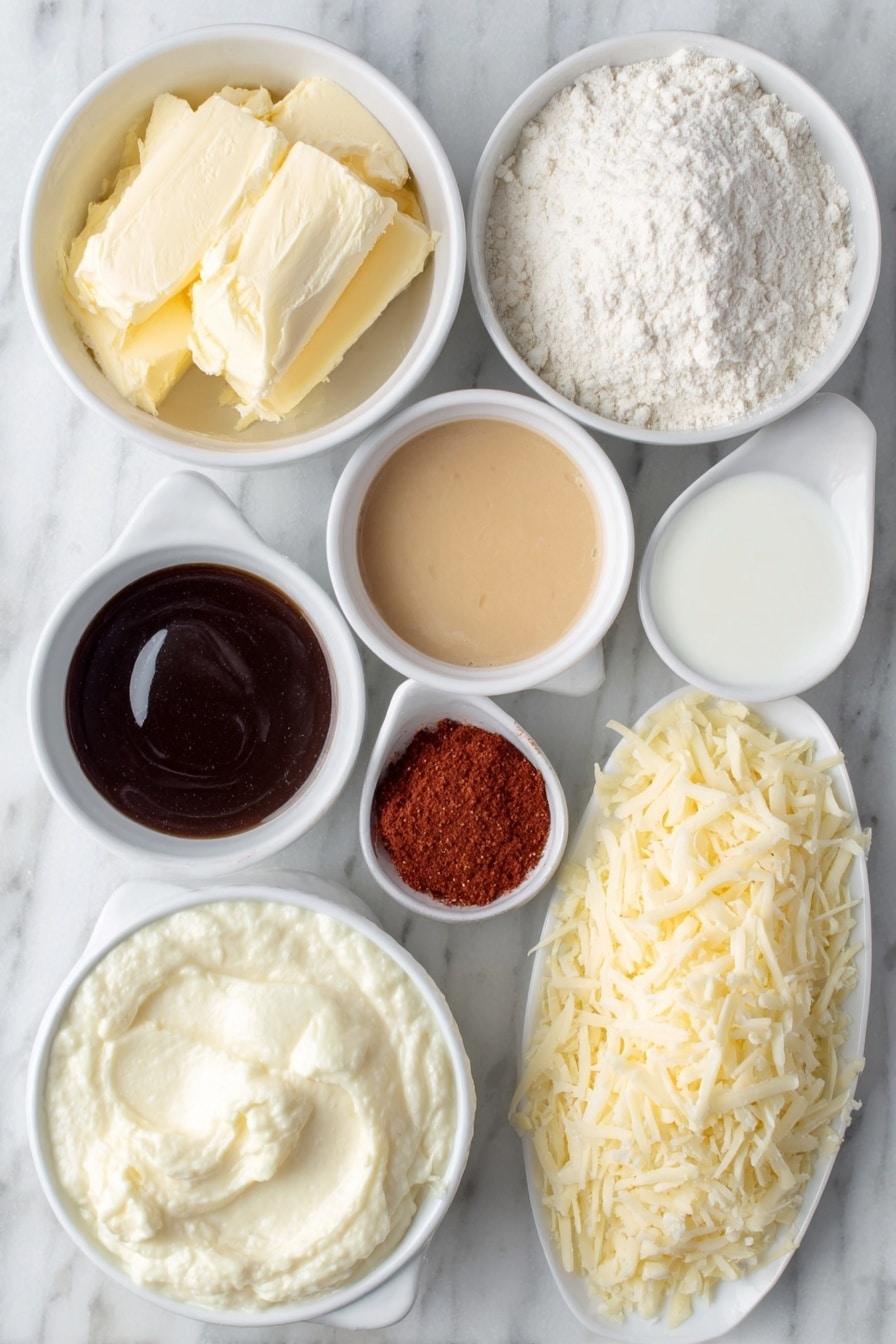 Flat lay of two tablespoons of fresh golden butter, a small white bowl of fine white flour, a small white bowl filled with amber-colored beer, a small white bowl of whole milk, a small white bowl of smooth pale yellow Dijon mustard, a small white bowl containing dark brown Worcestershire sauce, a small white bowl with vibrant red smoked paprika powder, a white ceramic plate with a neat pile of freshly shredded sharp cheddar and smoked gouda cheese halves, a small white bowl holding coarse sea salt, and a small white bowl of cracked black peppercorns placed on a clean white marble surface, soft natural light, photo taken with an iPhone, professional food photography style, fresh ingredients, white ceramic bowls, no bottles, no duplicates, no utensils, no packaging --ar 2:3 --v 7 --p m7354615311229779997 - Cheesy Beer Dip, cheesy beer dip ingredients, easy beer cheese dip, creamy beer dip recipe, party dip with beer