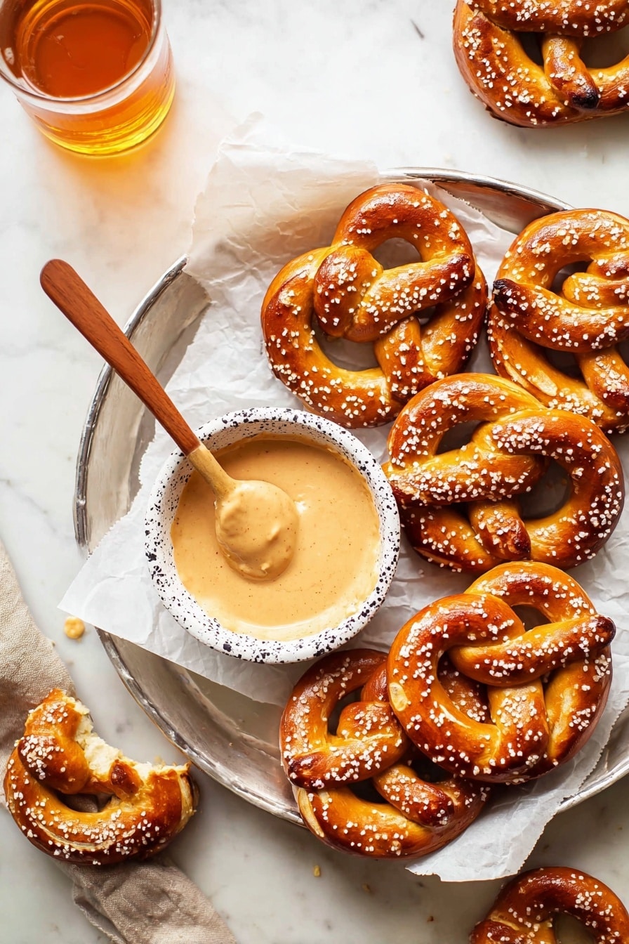 The image shows a tray of golden-brown soft pretzels sprinkled with coarse salt on a white marbled surface. There are nine pretzels arranged on a silver tray lined with white parchment paper, with one pretzel partially off the tray at the bottom. A small white bowl with black speckles holds a thick light tan dipping sauce, with a wooden spoon resting inside. To the left of the tray is a glass of amber-colored beer with a frothy top. The overall scene is bright and cozy, focused on the warm colors and textures of the pretzels and sauce, photo taken with an iphone --ar 2:3 --v 7 - Cheesy Beer Dip, cheesy beer dip ingredients, easy beer cheese dip, creamy beer dip recipe, party dip with beer