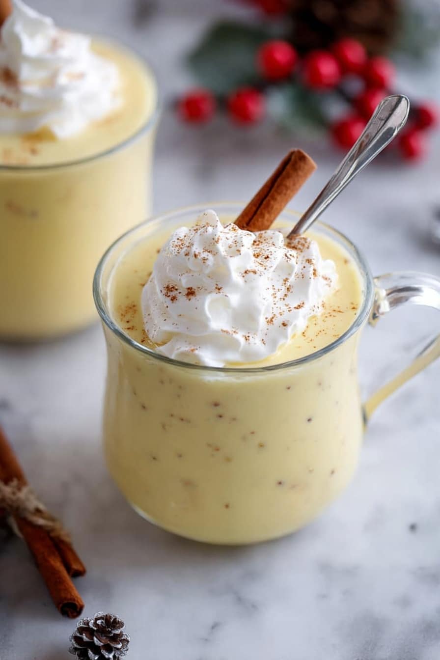 The image shows a creamy light yellow drink in a clear glass cup. It has three visible layers: the bottom layer is the smooth yellow drink with light brown specks, in the middle there is a dollop of white whipped cream, and the top has a small cinnamon stick placed standing in the drink. A silver spoon holding some of the yellow drink is lifted above the whipped cream. Another glass with the same drink is visible softly in the background. The setting is a white marbled surface with some out-of-focus small red berries and a pine cone nearby. photo taken with an iphone --ar 2:3 --v 7 - Homemade Eggnog, homemade eggnog recipe, festive eggnog, holiday eggnog, creamy eggnog