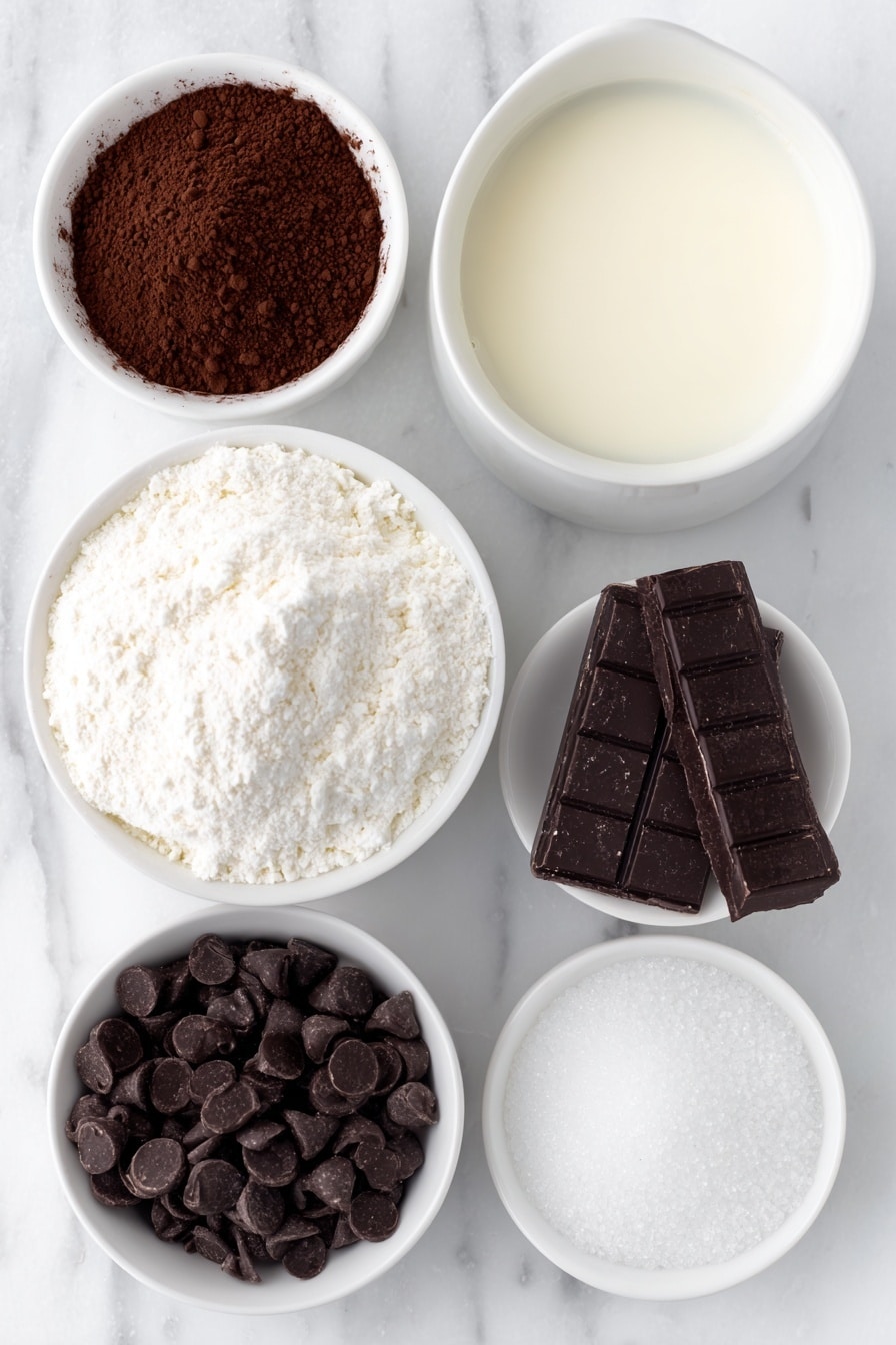 Flat lay of a small white ceramic bowl filled with fresh whole milk, a small white ceramic bowl with fine unsweetened cocoa powder, a small white ceramic bowl containing granulated white sugar, a small white ceramic bowl holding glossy bittersweet chocolate chips, and a small white ceramic bowl with a clear vanilla extract liquid, all arranged in perfect symmetry and balanced proportions, placed on a clean white marble surface, soft natural light, photo taken with an iPhone, professional food photography style, fresh ingredients, white ceramic bowls, no bottles, no duplicates, no utensils, no packaging --ar 2:3 --v 7 --p m7354615311229779997 - Creamy Homemade Hot Chocolate, homemade hot chocolate recipe, rich hot chocolate, easy hot chocolate, velvety hot cocoa