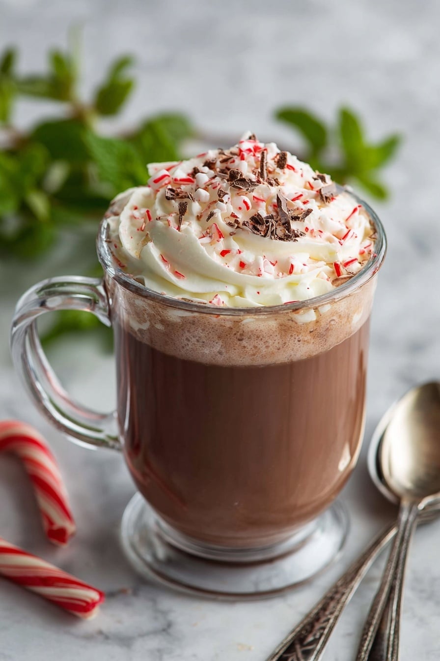 A clear glass mug filled with three layers: at the bottom, a smooth dark brown hot chocolate; in the middle, a lighter brown frothy layer mixing slightly into the hot chocolate; on top, a swirl of white whipped cream with small red and white pieces of crushed candy sprinkled over, along with thin chocolate shavings scattered. The mug sits on a white marbled surface, with some green mint leaves and red and white candy canes blurred in the background, plus two old-fashioned silver spoons resting beside the mug. photo taken with an iphone --ar 2:3 --v 7 - Homemade Peppermint Mocha, peppermint mocha, gluten-free mocha drink, easy holiday coffee, festive chocolate mint beverage