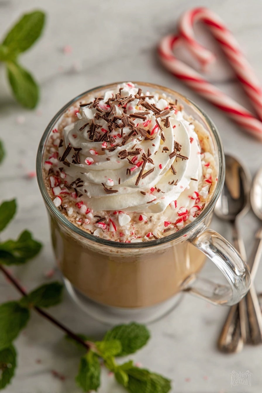 A clear glass mug filled with three layers: the bottom layer is creamy light brown, the middle is whipped white cream swirled into a peak, and the top is sprinkled with small red and white candy pieces and thin dark chocolate shavings. The mug is placed on a white marbled surface with silver spoons and fresh green mint leaves nearby. In the background, two red-and-white candy sticks are partially visible. Photo taken with an iphone --ar 2:3 --v 7 - Homemade Peppermint Mocha, peppermint mocha, gluten-free mocha drink, easy holiday coffee, festive chocolate mint beverage