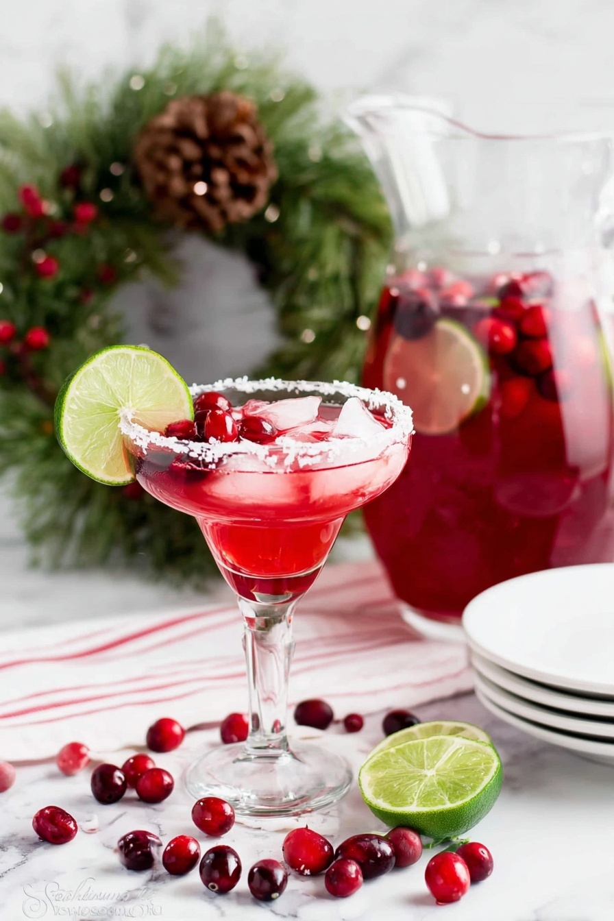 A clear tall margarita glass with a salted rim holds a bright red drink with ice cubes floating inside. On the rim, there is a slice of green lime and three small red berries. The glass sits on a white marbled surface, scattered with whole red and dark red berries. Behind the glass, a large clear glass pitcher contains the same red drink with floating lime slices and berries. A stack of plain white plates is placed next to the pitcher. To the left, there is a green pine wreath decorated with pine cones and red berries, resting on a white cloth with red stripes. Photo taken with an iphone --ar 2:3 --v 7 - Festive Cranberry Margarita, holiday margarita recipe, cranberry margarita, holiday cocktail, easy festive drinks