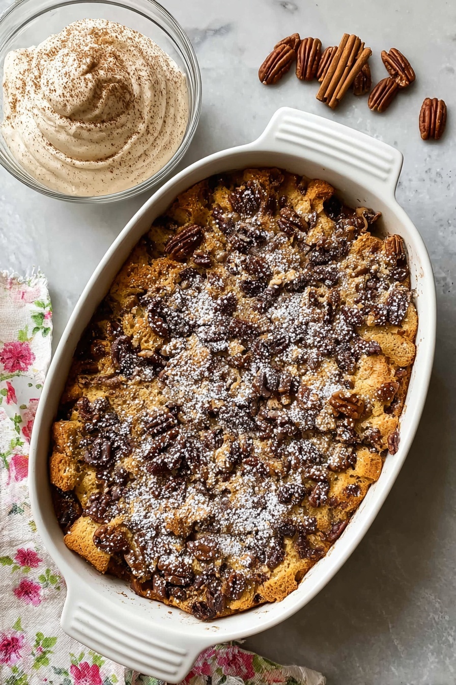 The dish is a baked dessert in a white oval ceramic dish with handles on both ends. It has a rough, golden brown top layer covered with chunks of baked pieces and scattered dark brown pecan halves and bits. The surface is dusted lightly with white powdered sugar, adding a soft contrast to the textured, uneven baked top. The dish sits on a white marbled surface next to a round glass bowl filled with a light brown whipped topping sprinkled lightly with cinnamon, and a floral cloth napkin is partially visible beneath the dish. Photo taken with an iphone --ar 2:3 --v 7 - Overnight French Toast Casserole with Maple Cinnamon Whipped Cream, easy breakfast casserole, crowd-pleasing brunch recipes, make-ahead French toast, decadent breakfast ideas
