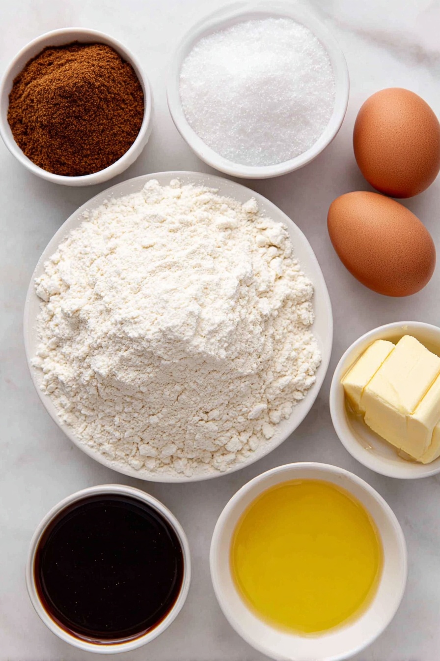 Flat lay of a small mound of all-purpose flour on a white ceramic plate, a small white bowl filled with granulated sugar, a small white bowl containing baking powder, a small white bowl with ground cinnamon, a small white bowl with ground ginger, a small white bowl holding kosher salt, a small white bowl with creamy buttermilk, one large brown egg with an uncracked shell, a small white bowl of melted golden butter, and a small white bowl of thick dark molasses, arranged in perfect symmetry and realistic proportions, placed on a clean white marble surface, soft natural light, photo taken with an iPhone, professional food photography style, fresh ingredients, white ceramic bowls, no bottles, no duplicates, no utensils, no packaging --ar 2:3 --v 7 --p m7354615311229779997 - Gingerbread Pancakes with Warm Spices, gingerbread pancake recipe, holiday breakfast ideas, cozy breakfast recipes, festive pancake recipes