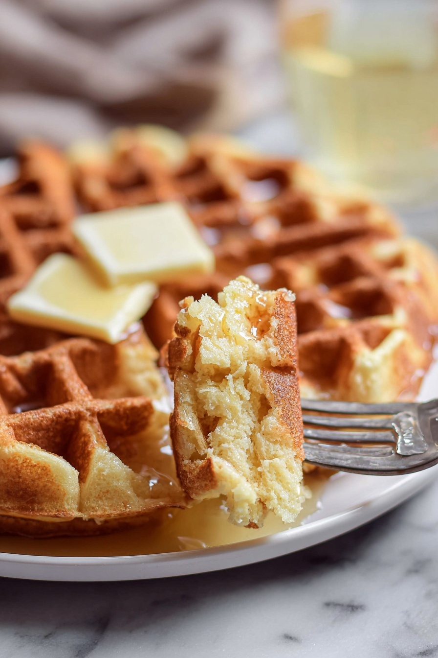 A close-up view of a golden brown waffle served on a white plate, with the waffle divided into several square sections. One section is lifted by a metal fork in the foreground, showing a soft and fluffy inside texture coated with melted butter that has a shiny, slightly sticky look. In the back, a small square piece of butter sits on top of the waffle, partially melted and glistening. The whole scene is set on a white marbled surface with a blurred background that includes a glass of light-colored liquid, creating a warm and cozy feeling. Photo taken with an iphone --ar 2:3 --v 7 - Eggnog Waffles, holiday breakfast recipes, festive waffle ideas, Christmas brunch recipes, cozy holiday breakfast