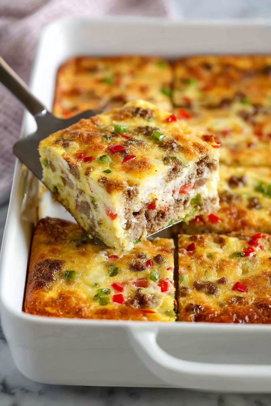 The image shows a white rectangular baking dish filled with a baked, golden brown casserole cut into square pieces. The top layer is lightly browned with visible small red and green vegetable bits and browned meat mixed inside. One square piece is being lifted out with a metal spatula, showing a thick, firm texture with evenly spread ingredients throughout. The white baking dish rests on a white marbled surface. Photo taken with an iphone --ar 2:3 --v 7 - Sausage Egg Breakfast Casserole, breakfast casserole, cheesy breakfast bake, easy brunch recipe, hearty breakfast ideas