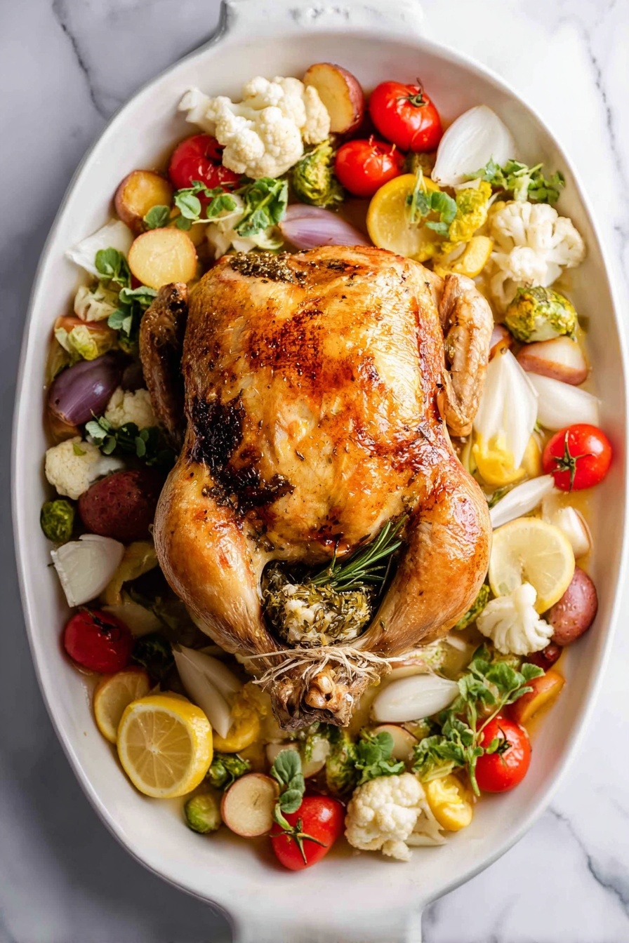 A whole roasted chicken with golden brown and crispy skin sits at the center of a large white oval plate. The chicken is stuffed with herbs and tied at the legs with string. Around the chicken, there are roasted vegetables including small red cherry tomatoes, white cauliflower florets, chopped green broccoli, sliced white onions, and halved small red and yellow potatoes. Lemon slices with bright yellow skin are placed under and beside the chicken and vegetables, adding pops of color. Some fresh green herb sprigs sit on top of the vegetables. The plate is set on a white marbled surface. Photo taken with an iphone --ar 2:3 --v 7 - Maple Butter Roast Chicken, maple butter chicken, easy roast chicken recipes, juicy roasted chicken with glaze, comfort food chicken dish