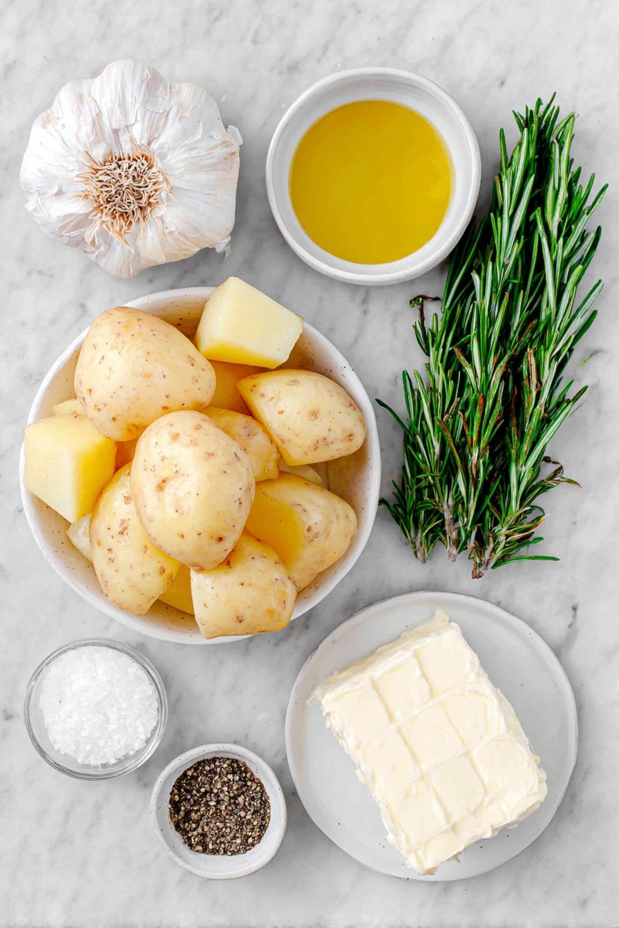 Flat lay of a whole garlic bulb with its top sliced off, a small white ceramic bowl filled with golden extra virgin olive oil, a few rustic Yukon gold potatoes with smooth yellow skin, a small white dish containing coarse sea salt crystals, a small white bowl of freshly ground black pepper, a small slab of creamy butter on a plain white ceramic plate, and a handful of fresh green chopped chives and a sprig of rosemary arranged neatly, placed on a clean white marble surface, soft natural light, photo taken with an iPhone, professional food photography style, fresh ingredients, white ceramic bowls, no bottles, no duplicates, no utensils, no packaging --ar 2:3 --v 7 --p m7354615311229779997 - Creamy Roasted Garlic Mashed Potatoes, roasted garlic mashed potatoes, comfort side dish recipes, easy garlic mashed potatoes, holiday side dish ideas