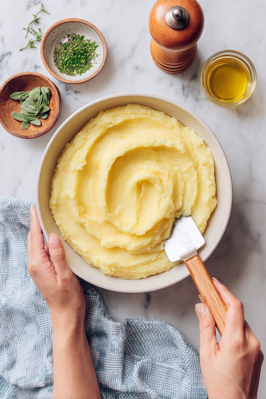The image shows a white bowl filled with smooth, creamy mashed potatoes that have a light yellow color and soft texture. The mashed potatoes are spread evenly with gentle swirls on the surface, held by a woman's left hand from the bottom while a woman's right hand stirs with a spatula that has a wooden handle and a flat metal blade. Around the bowl, there are small bowls with green herbs and a jar of golden olive oil, along with a wooden pepper grinder and a light blue checkered cloth on a white marbled surface. photo taken with an iphone --ar 2:3 --v 7 - Creamy Roasted Garlic Mashed Potatoes, roasted garlic mashed potatoes, comfort side dish recipes, easy garlic mashed potatoes, holiday side dish ideas