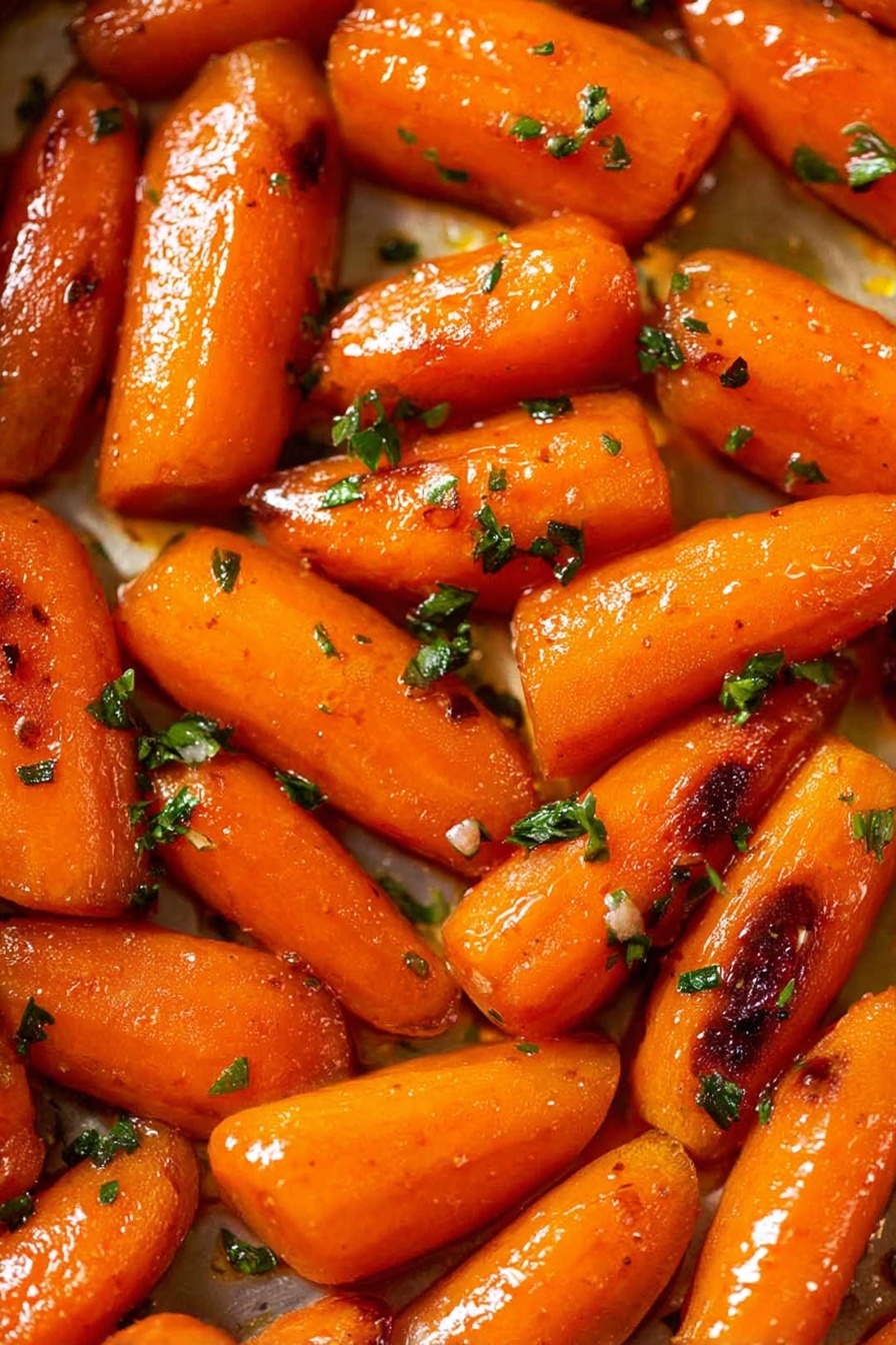 The image shows many cooked baby carrots spread out close together on a shiny light surface. Each carrot piece is bright orange with a glossy, slightly sticky texture that reflects light. Some of the carrot pieces have small bits of dark browned spots from cooking, and green chopped herbs are scattered over the carrots, adding contrast. The overall look is warm and fresh, with the carrots filling the frame fully. photo taken with an iphone --ar 2:3 --v 7 - Brown Sugar Roasted Carrots, caramelized carrot side dish, easy roasted vegetable recipe, sweet roasted carrots, healthy vegetable side